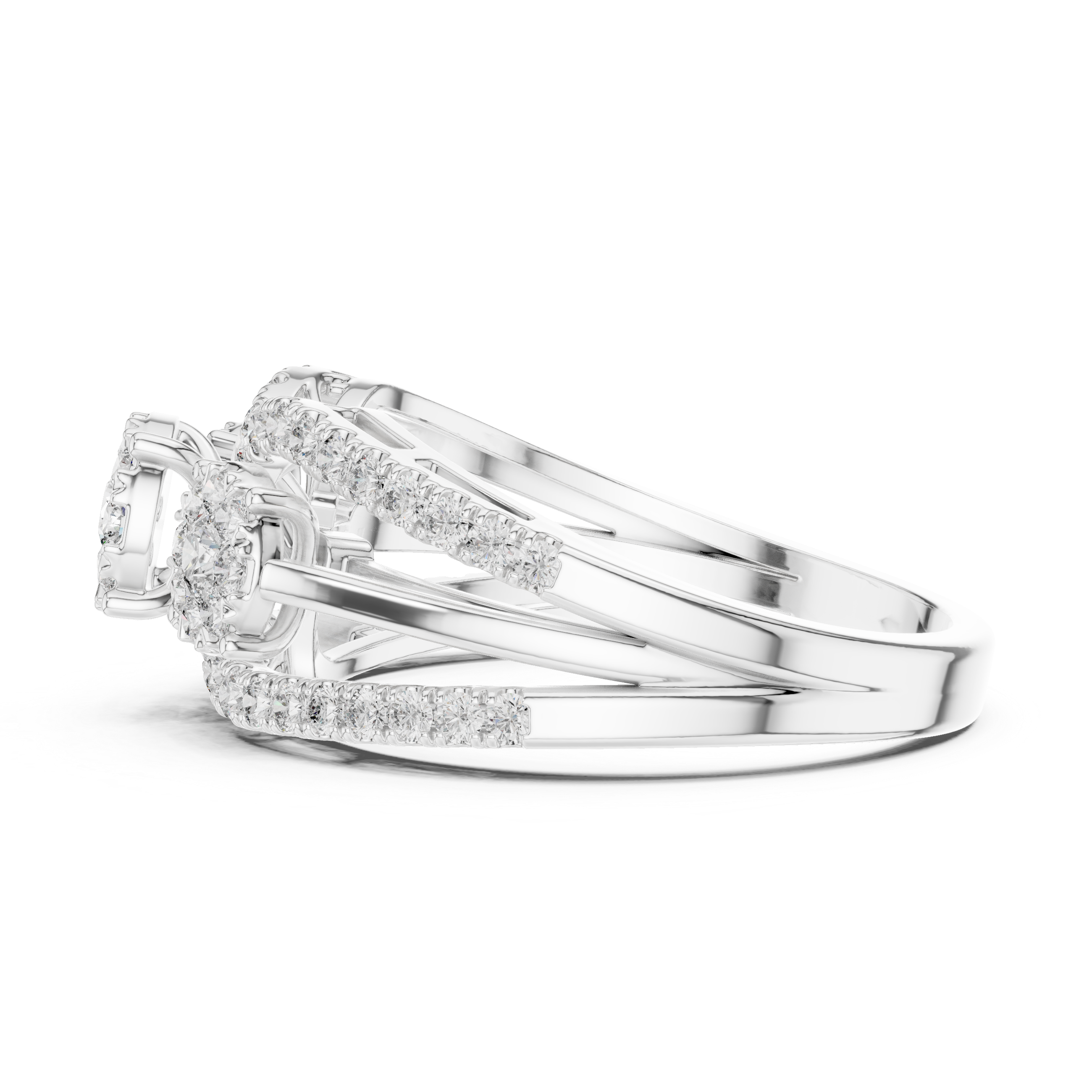 Three-Stone Diamond Cluster Engagement Ring with Split Shank Pavé Band