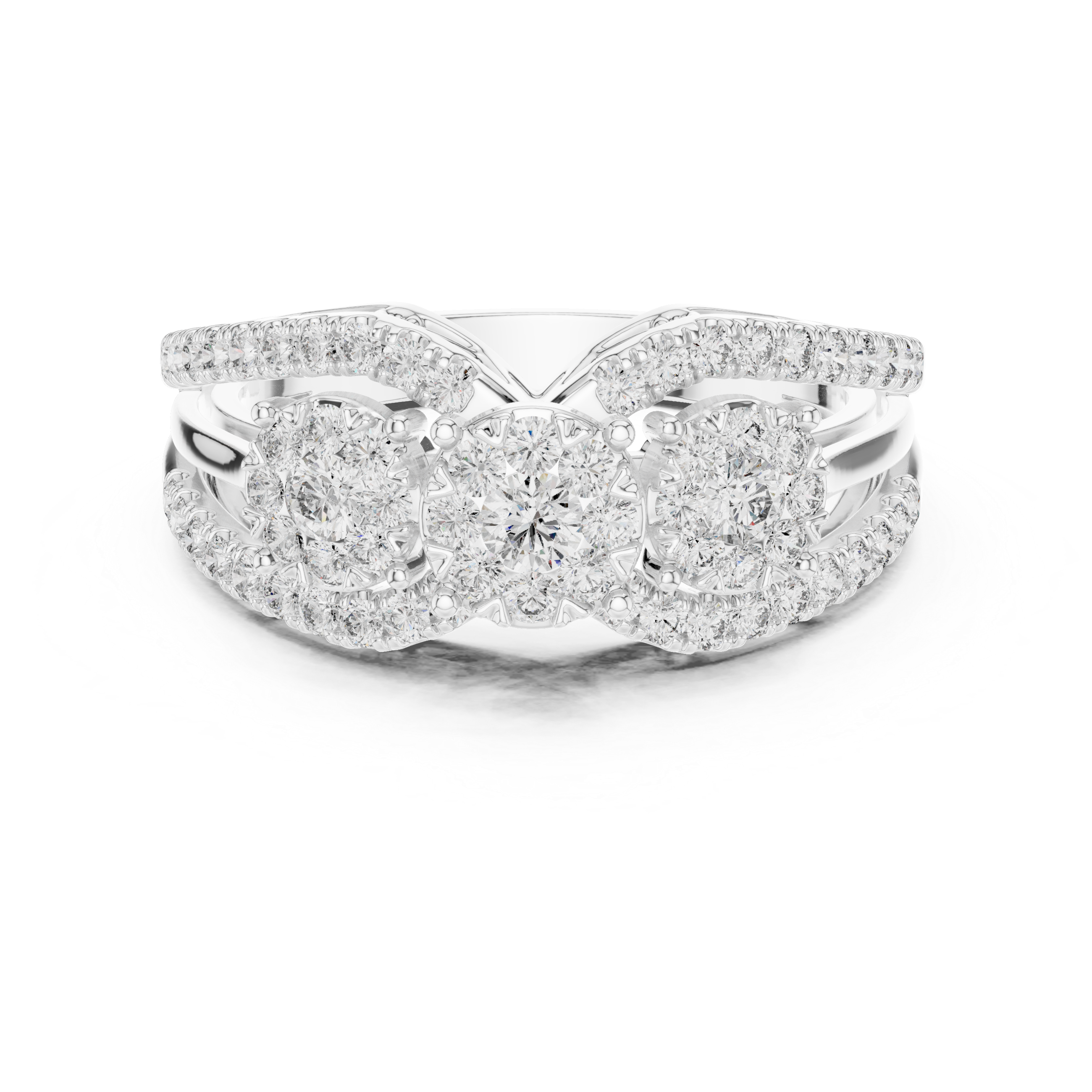 Three-Stone Diamond Cluster Engagement Ring with Split Shank Pavé Band