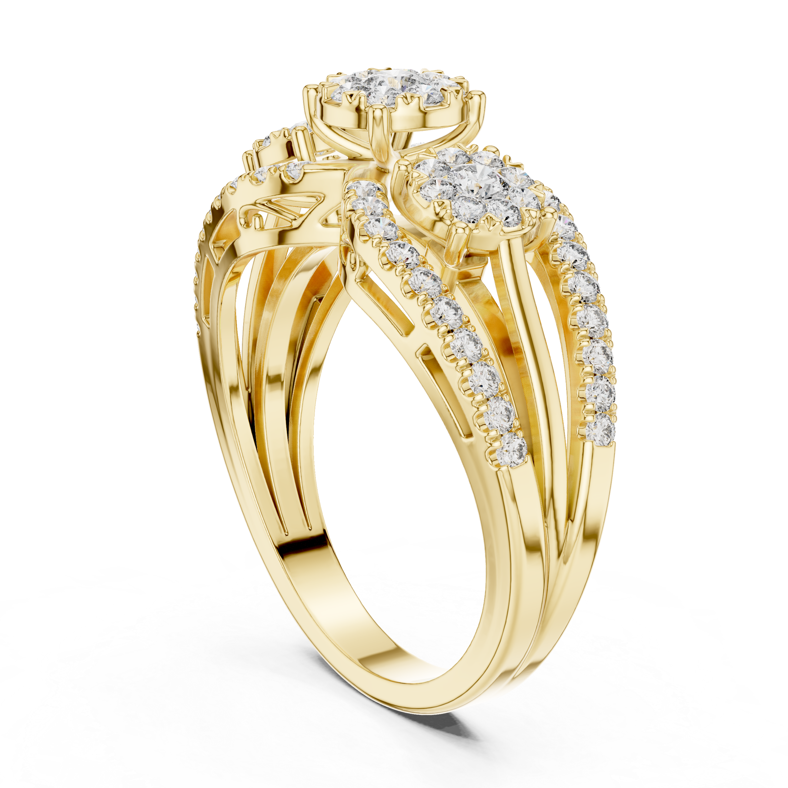 Three-Stone Diamond Cluster Engagement Ring with Split Shank Pavé Band