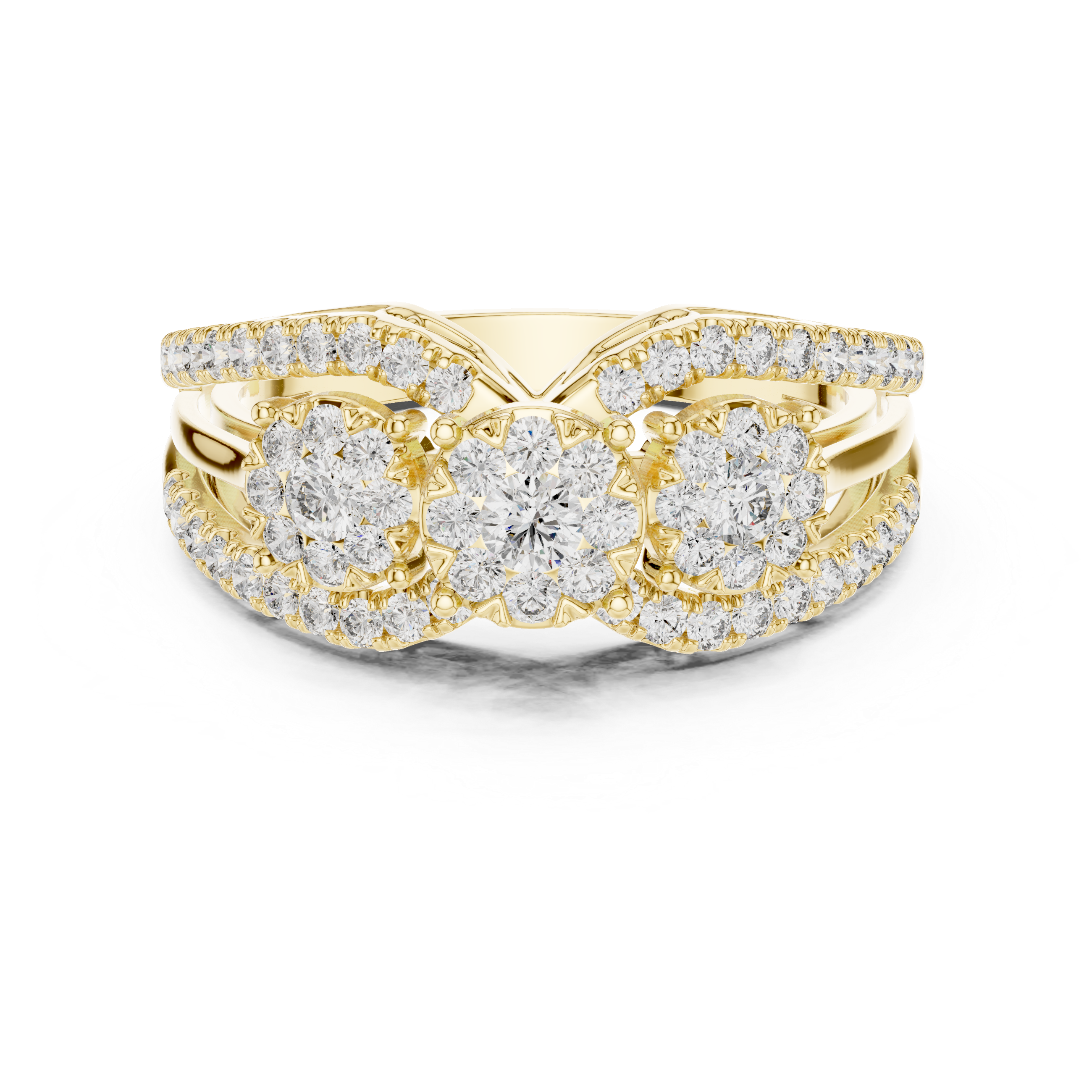 Three-Stone Diamond Cluster Engagement Ring with Split Shank Pavé Band