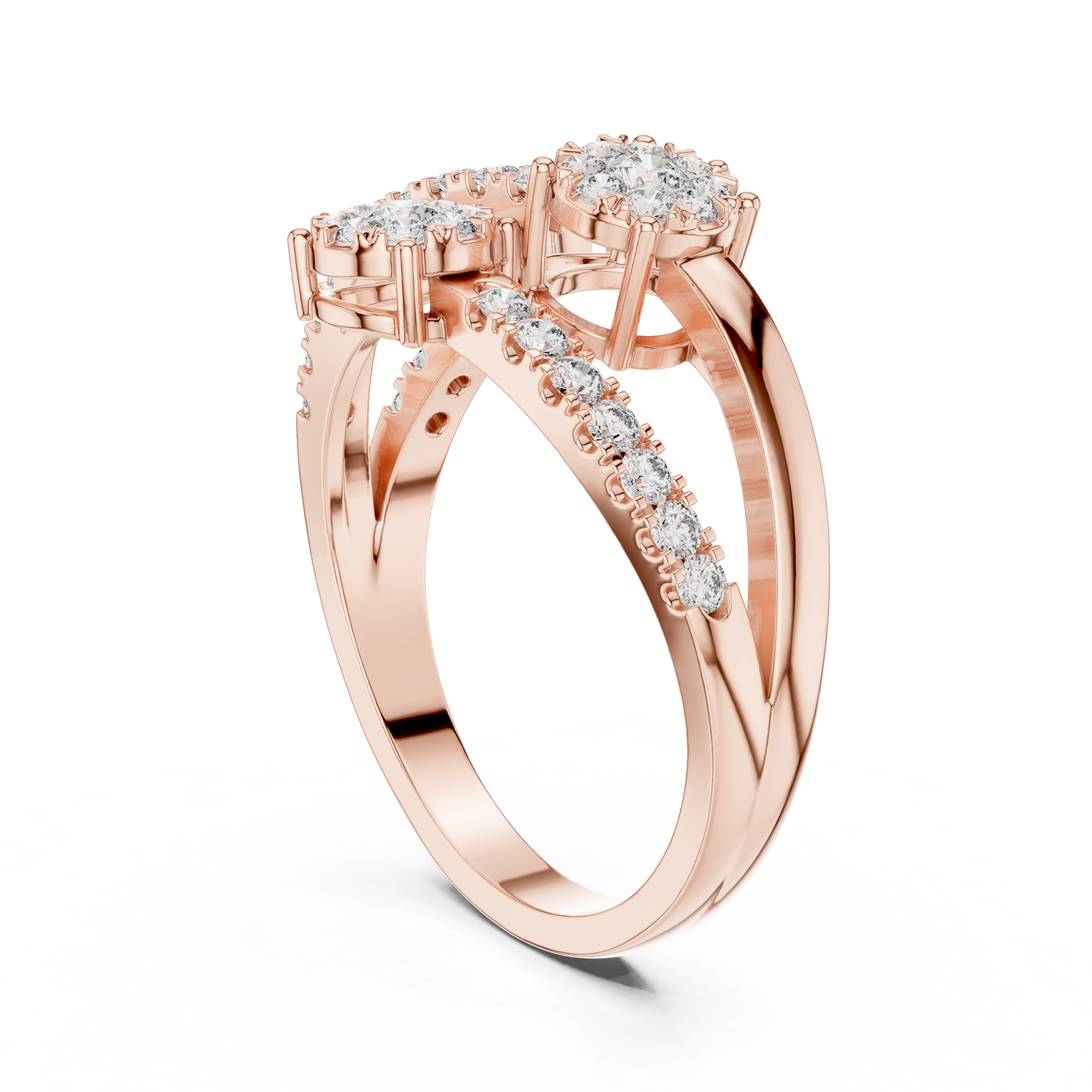 Modern Open Bypass Diamond Cluster Ring with Triple Floral Stations
