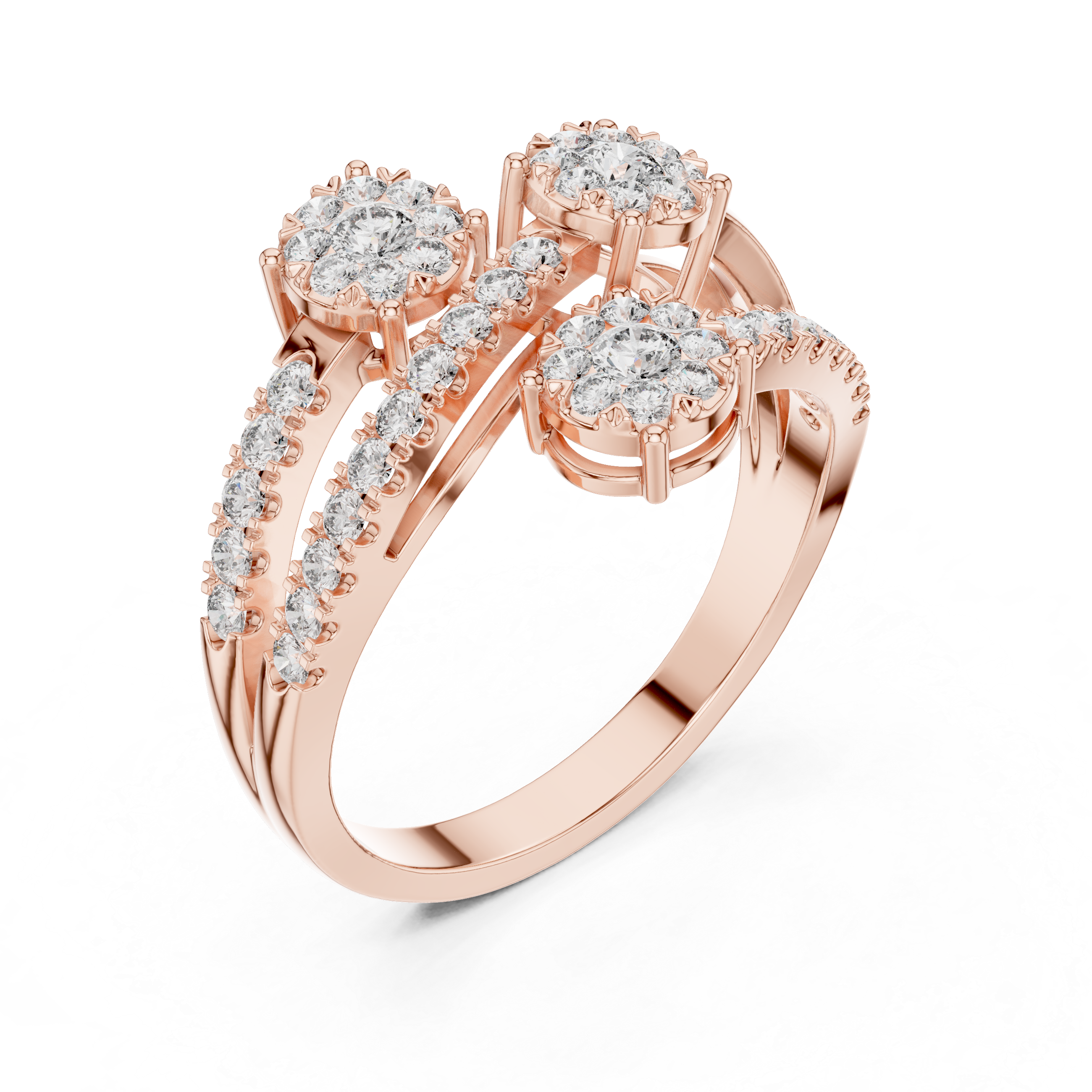 Modern Open Bypass Diamond Cluster Ring with Triple Floral Stations