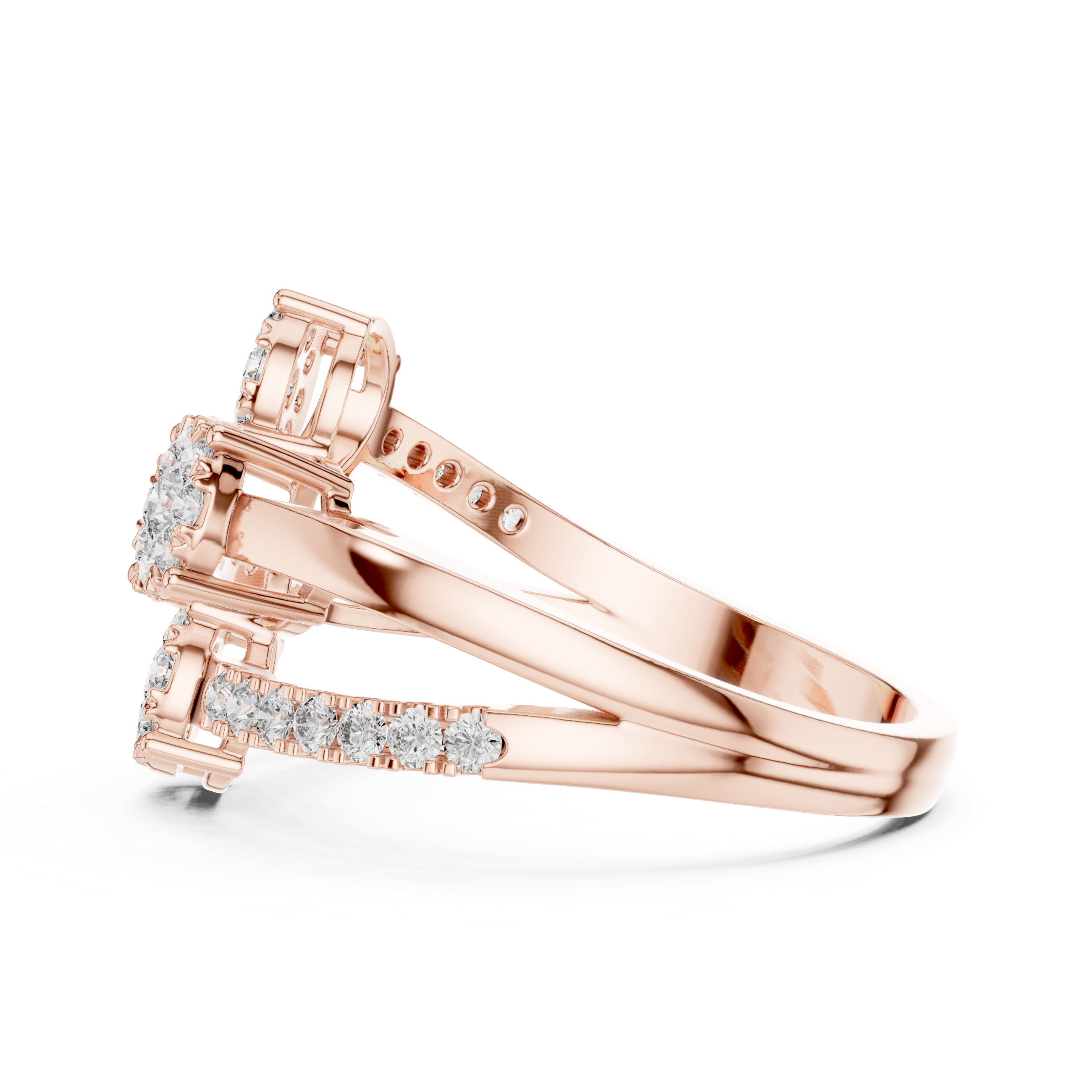 Modern Open Bypass Diamond Cluster Ring with Triple Floral Stations