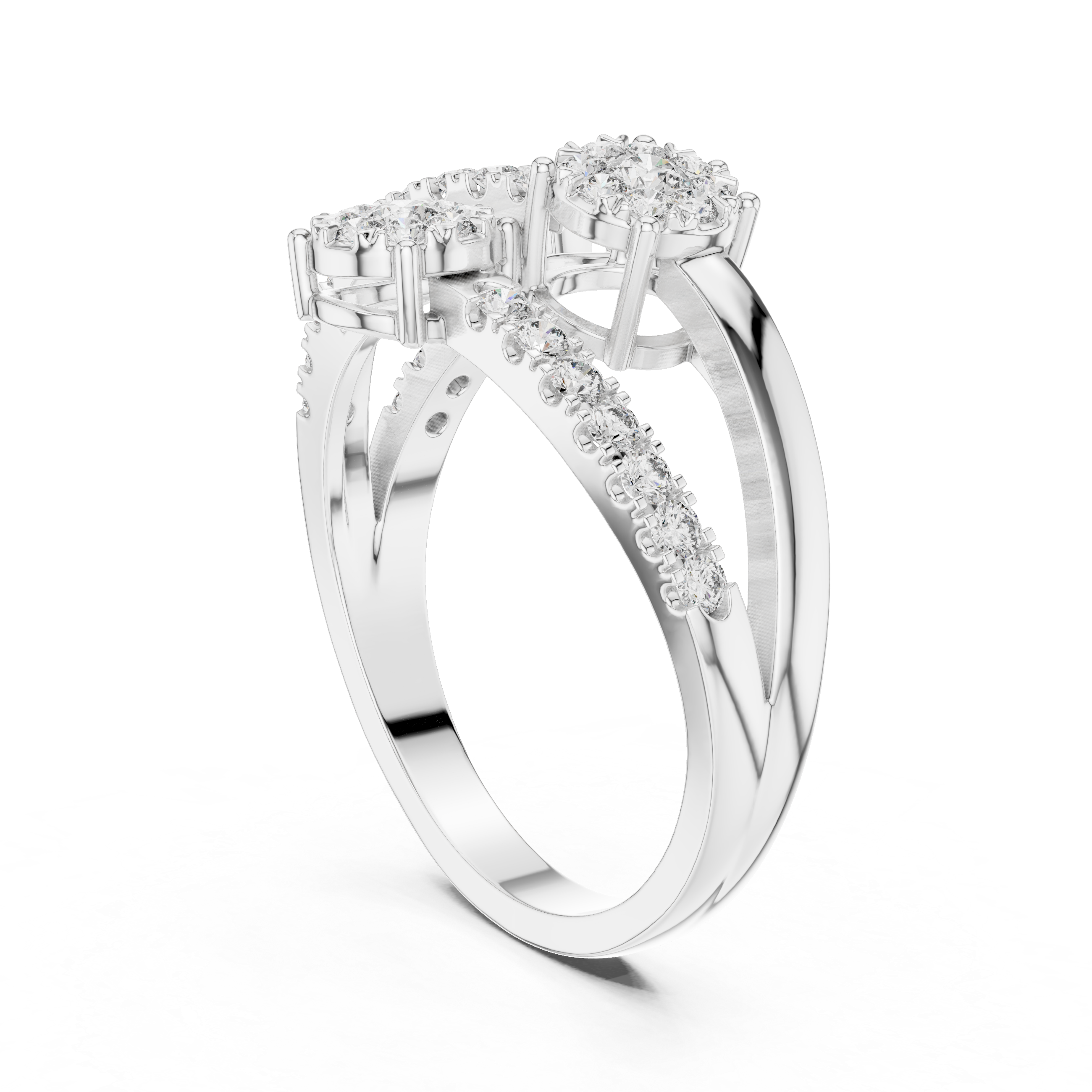 Modern Open Bypass Diamond Cluster Ring with Triple Floral Stations