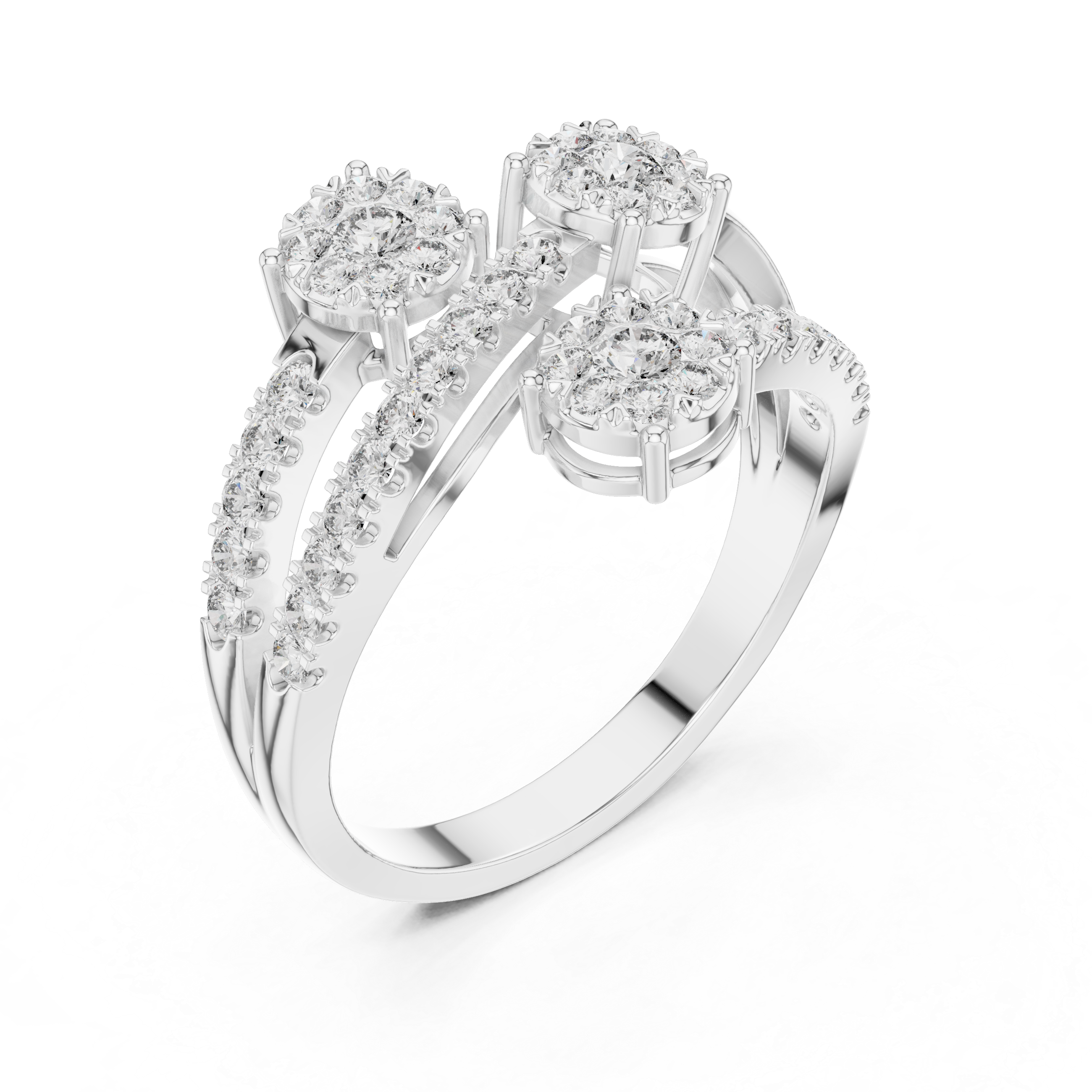Modern Open Bypass Diamond Cluster Ring with Triple Floral Stations