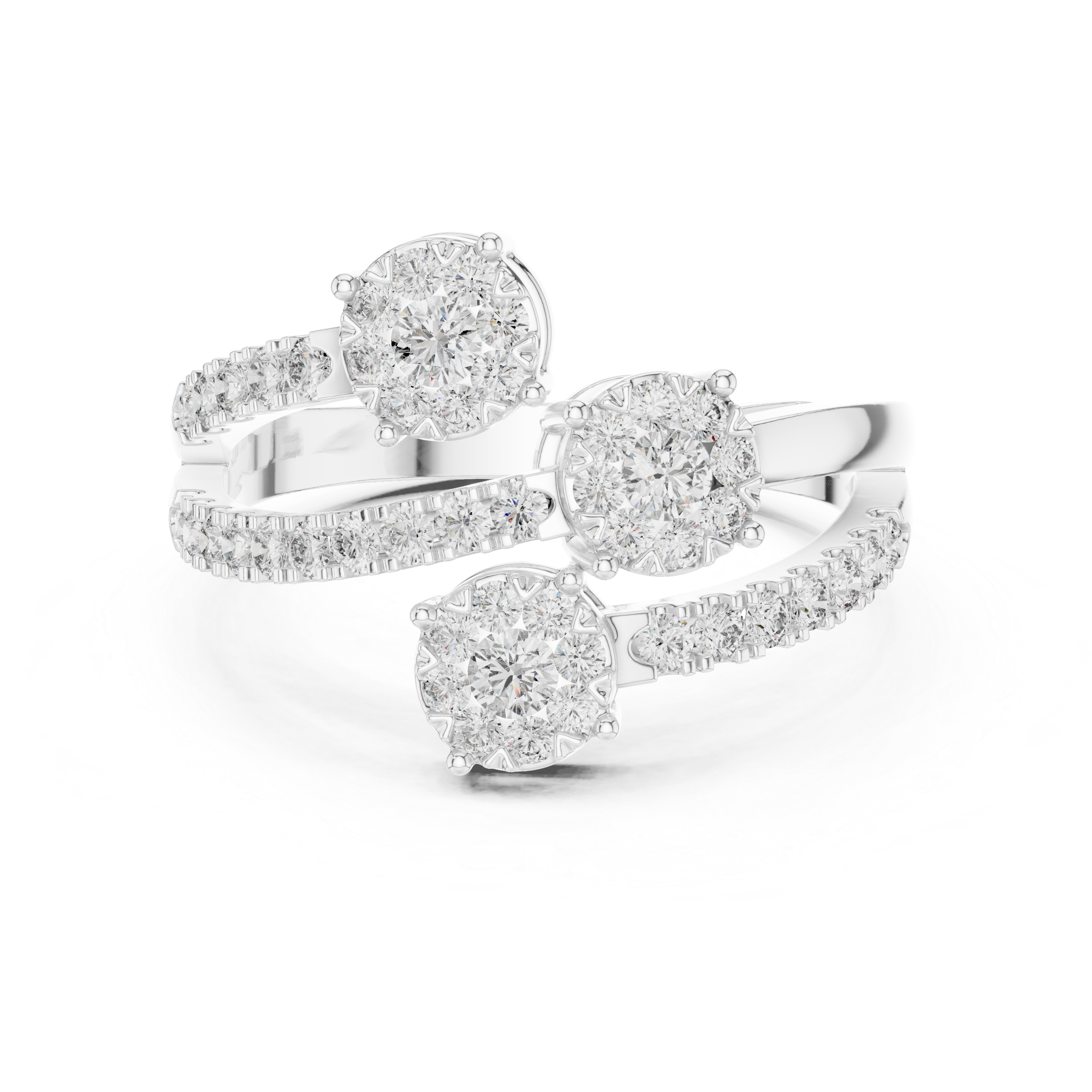 Modern Open Bypass Diamond Cluster Ring with Triple Floral Stations
