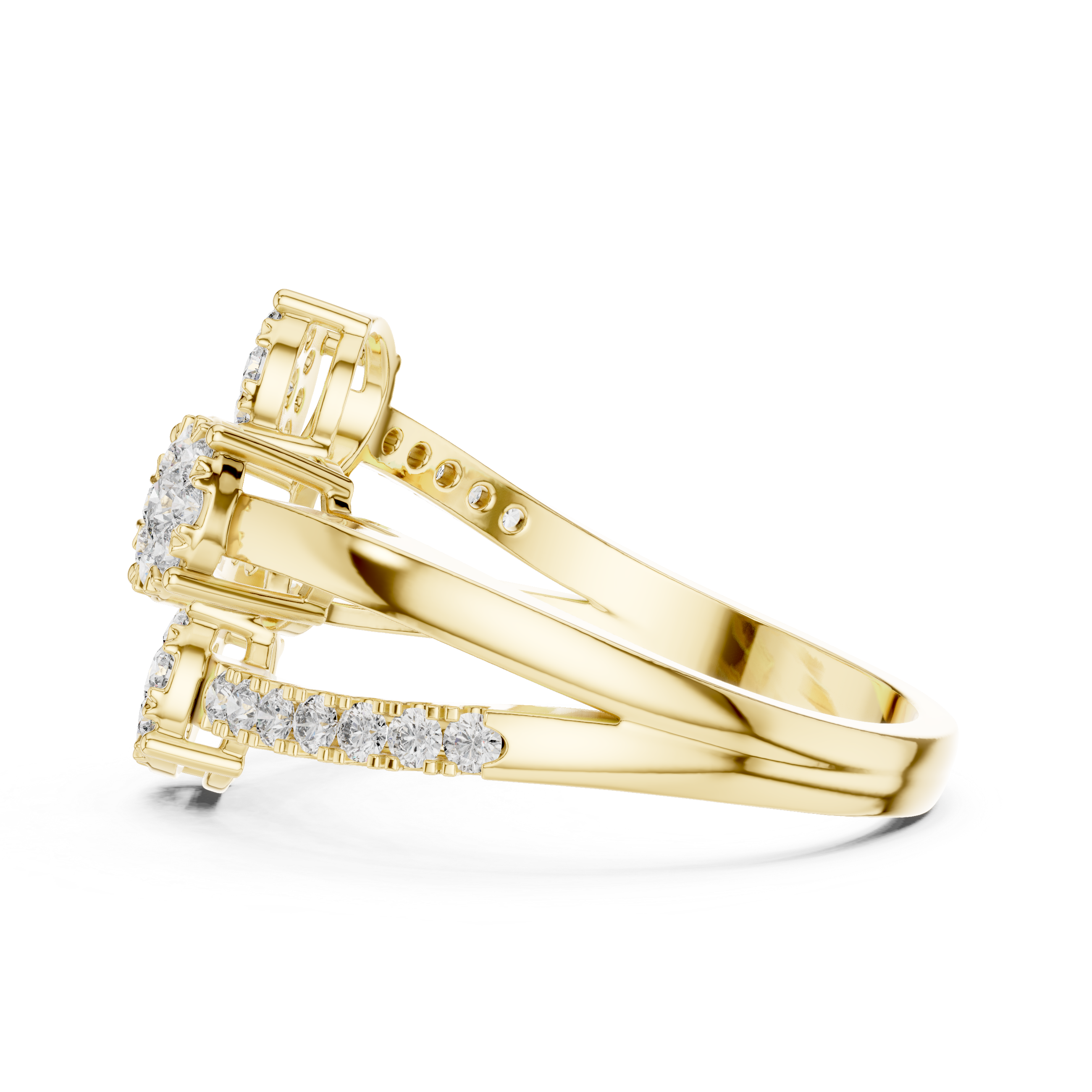 Modern Open Bypass Diamond Cluster Ring with Triple Floral Stations