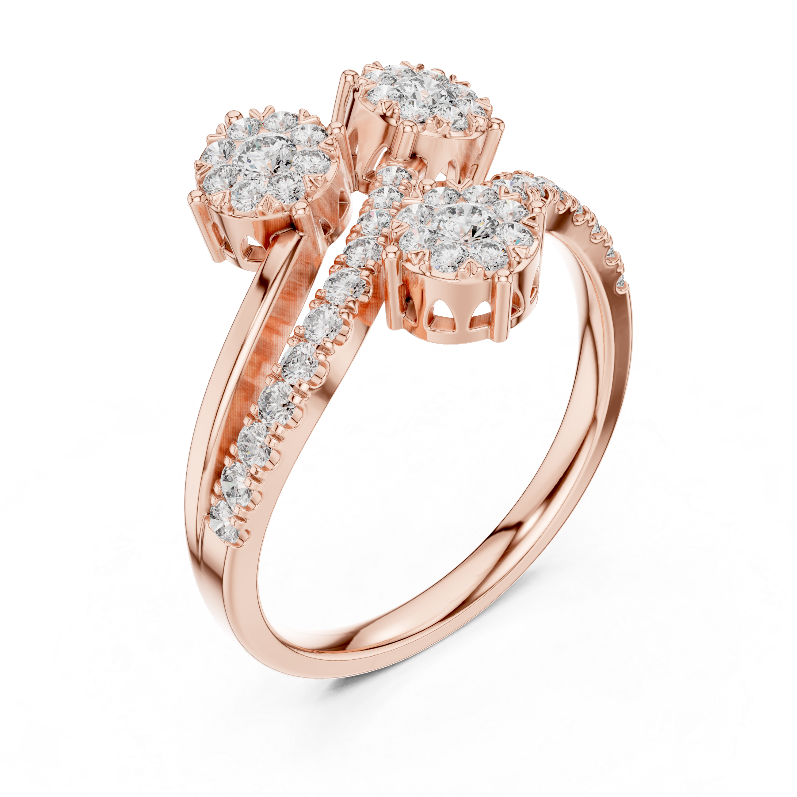 Triple Diamond Cluster Bypass Ring with Pavé Crossover Band