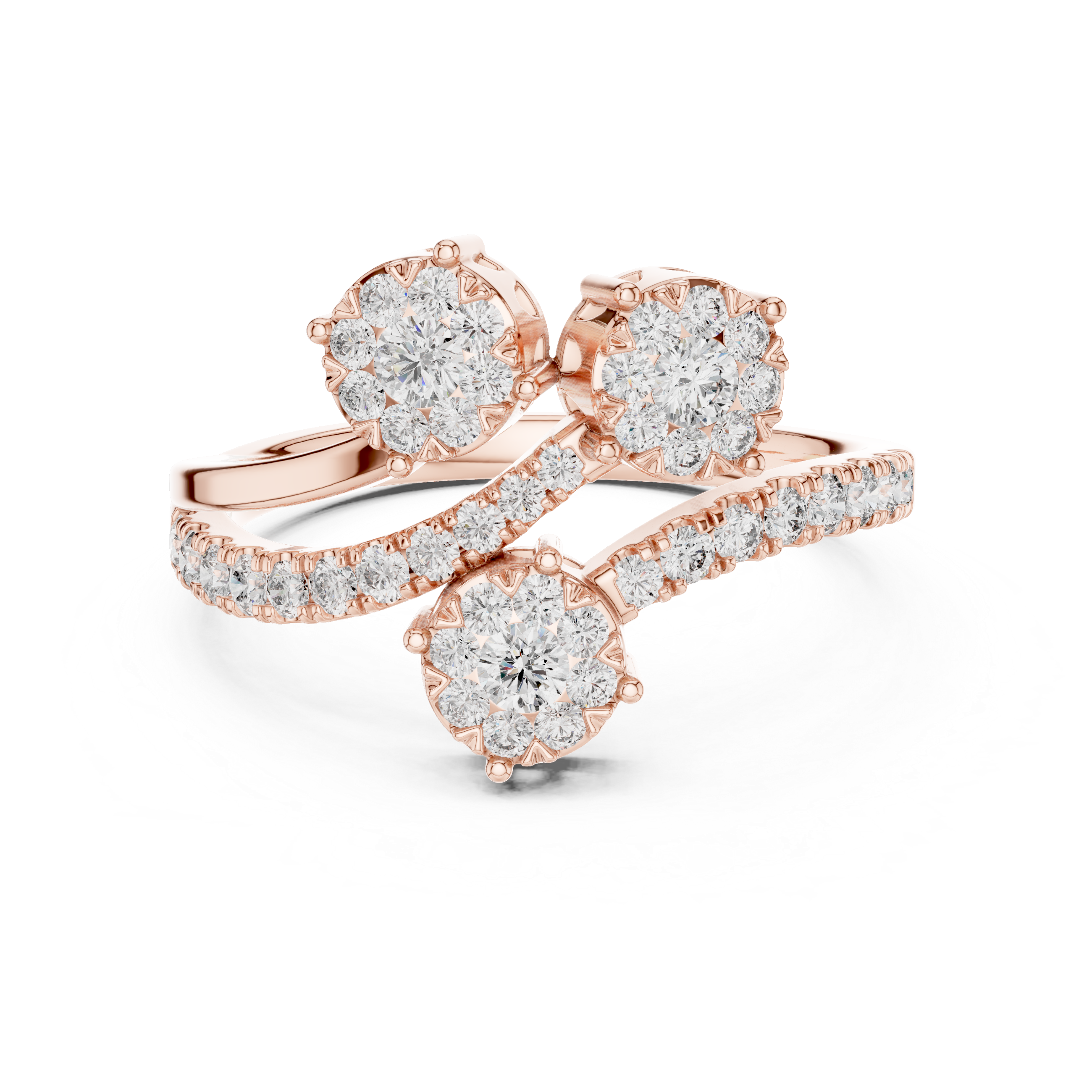 Triple Diamond Cluster Bypass Ring with Pavé Crossover Band