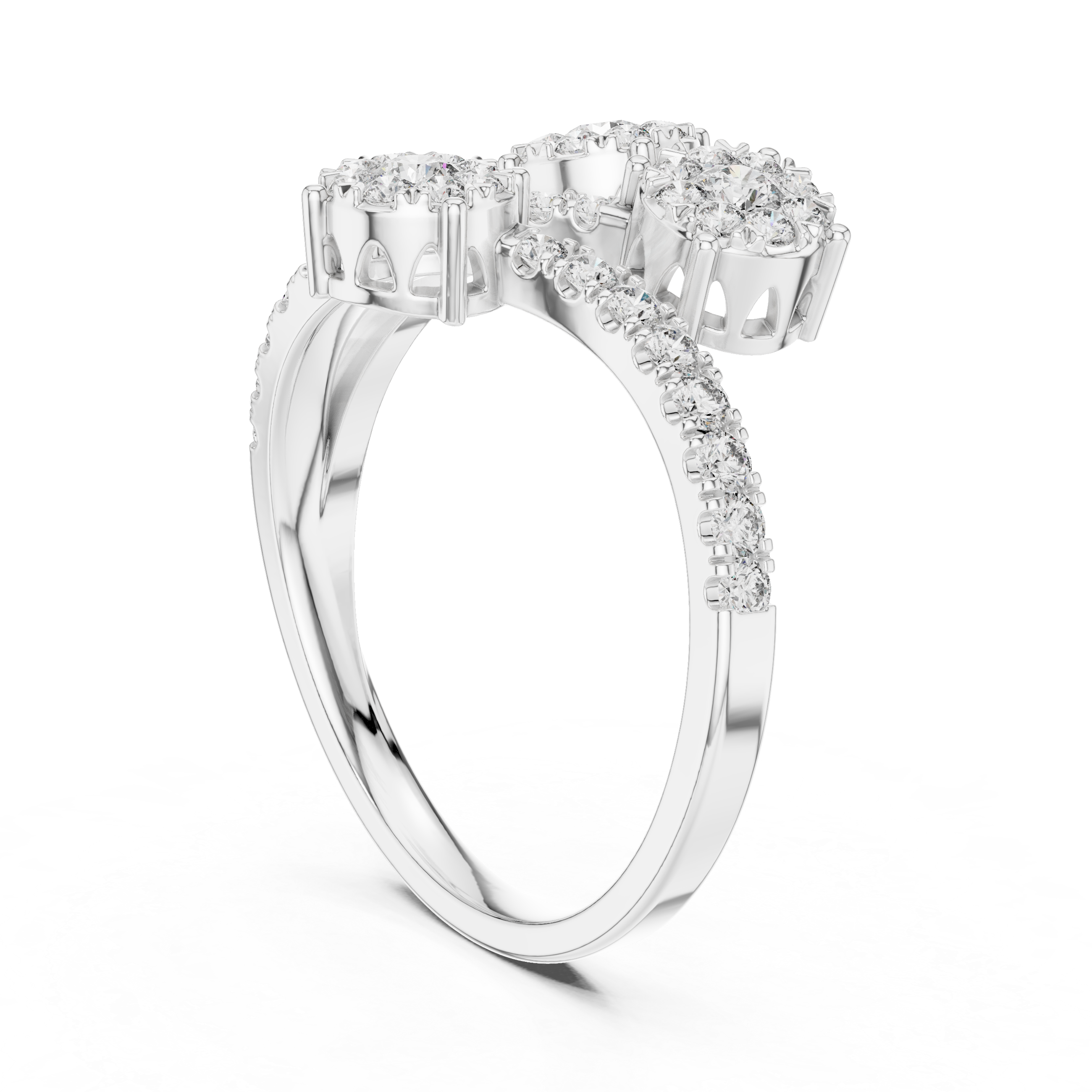 Triple Diamond Cluster Bypass Ring with Pavé Crossover Band
