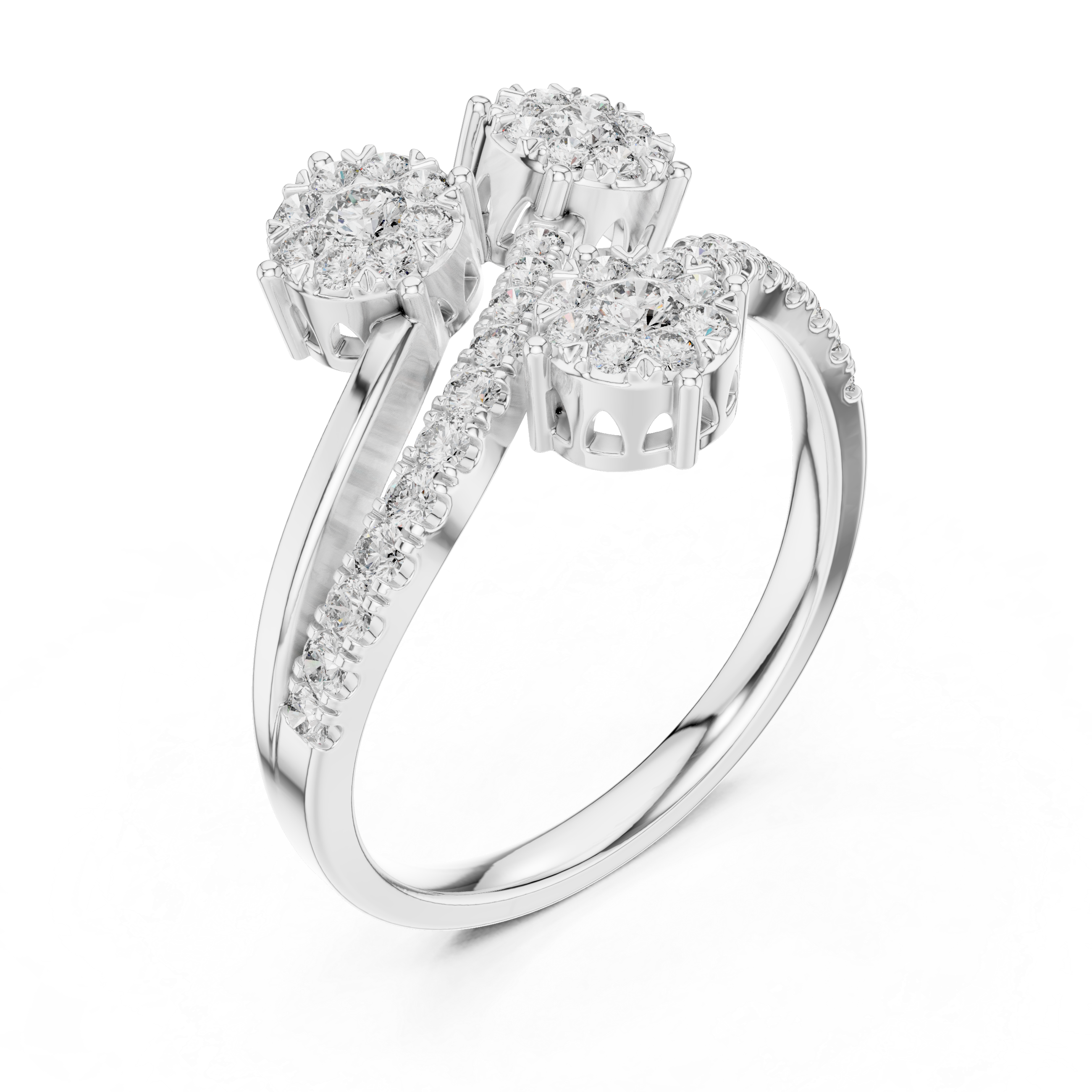 Triple Diamond Cluster Bypass Ring with Pavé Crossover Band