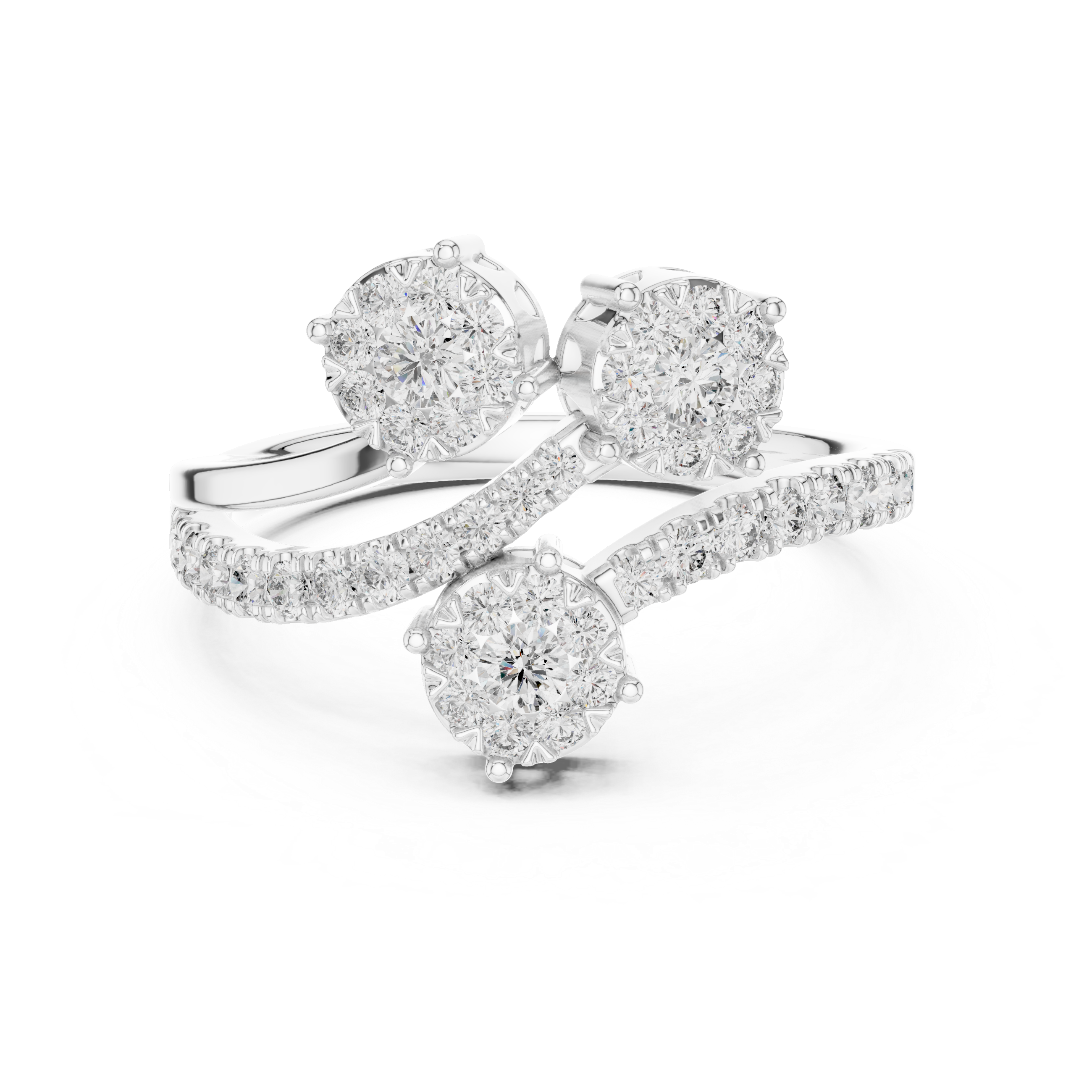 Triple Diamond Cluster Bypass Ring with Pavé Crossover Band