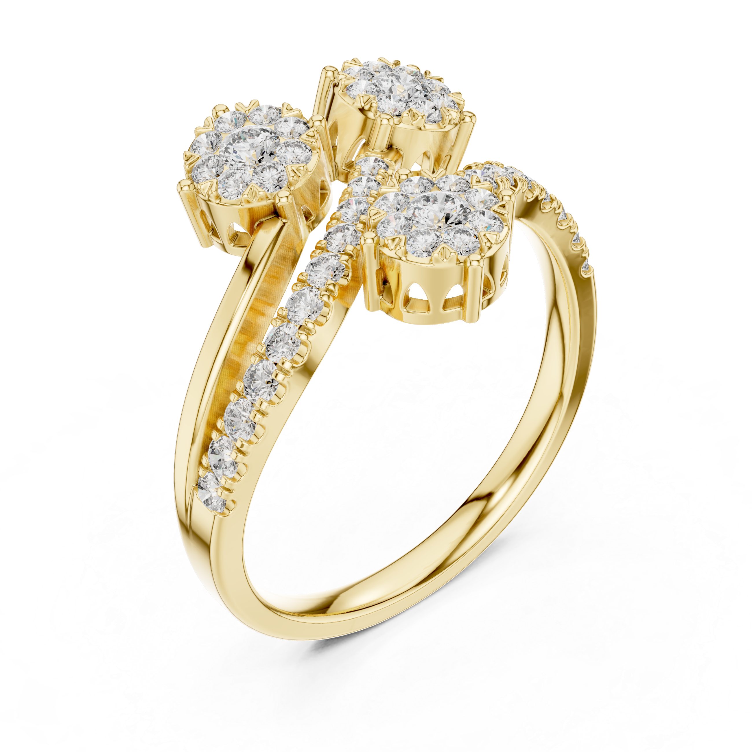 Triple Diamond Cluster Bypass Ring with Pavé Crossover Band