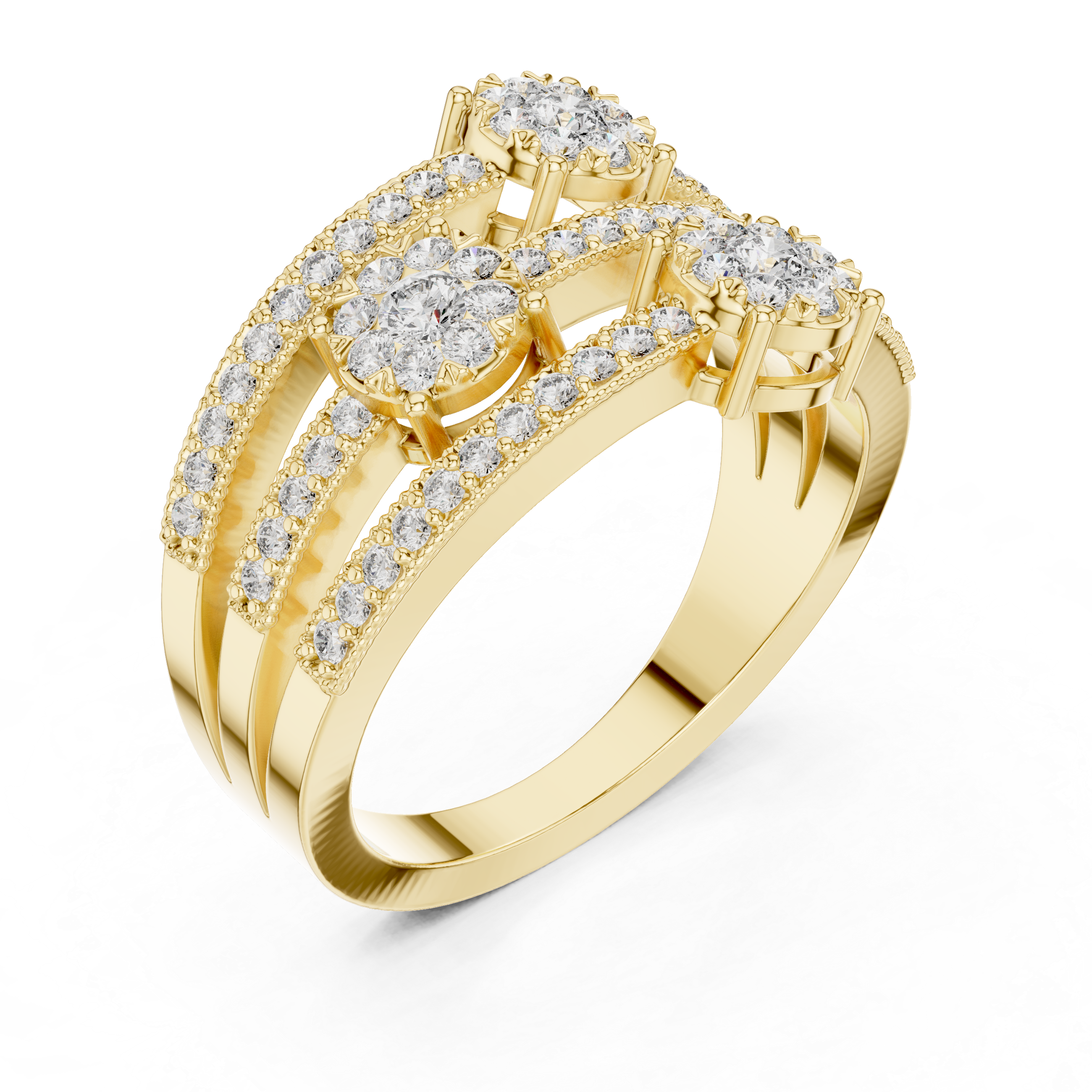 Triple Diamond Cluster Multi-Row Pavé Ring