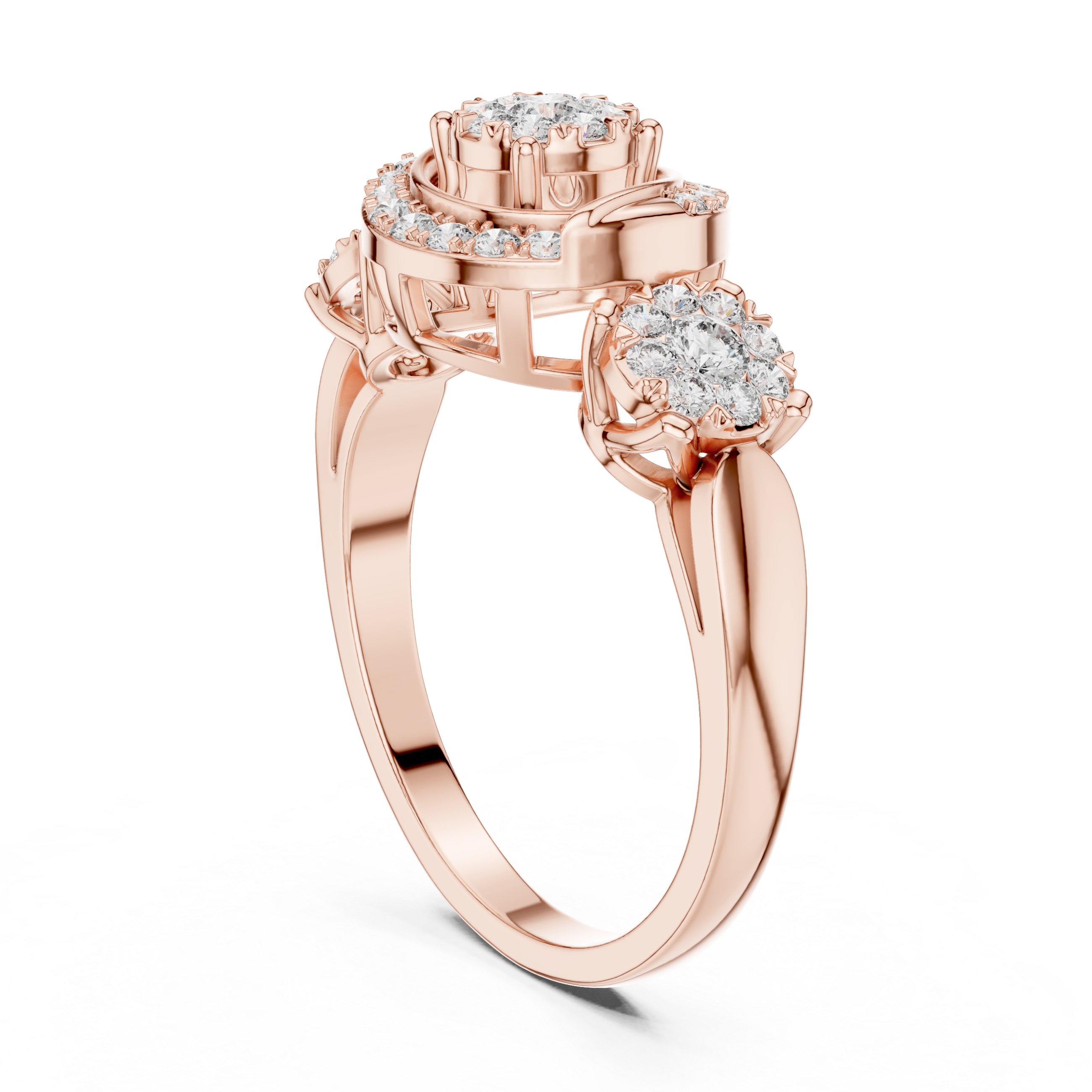 Three-Stone Halo Diamond Ring with Circular Infinity Motif