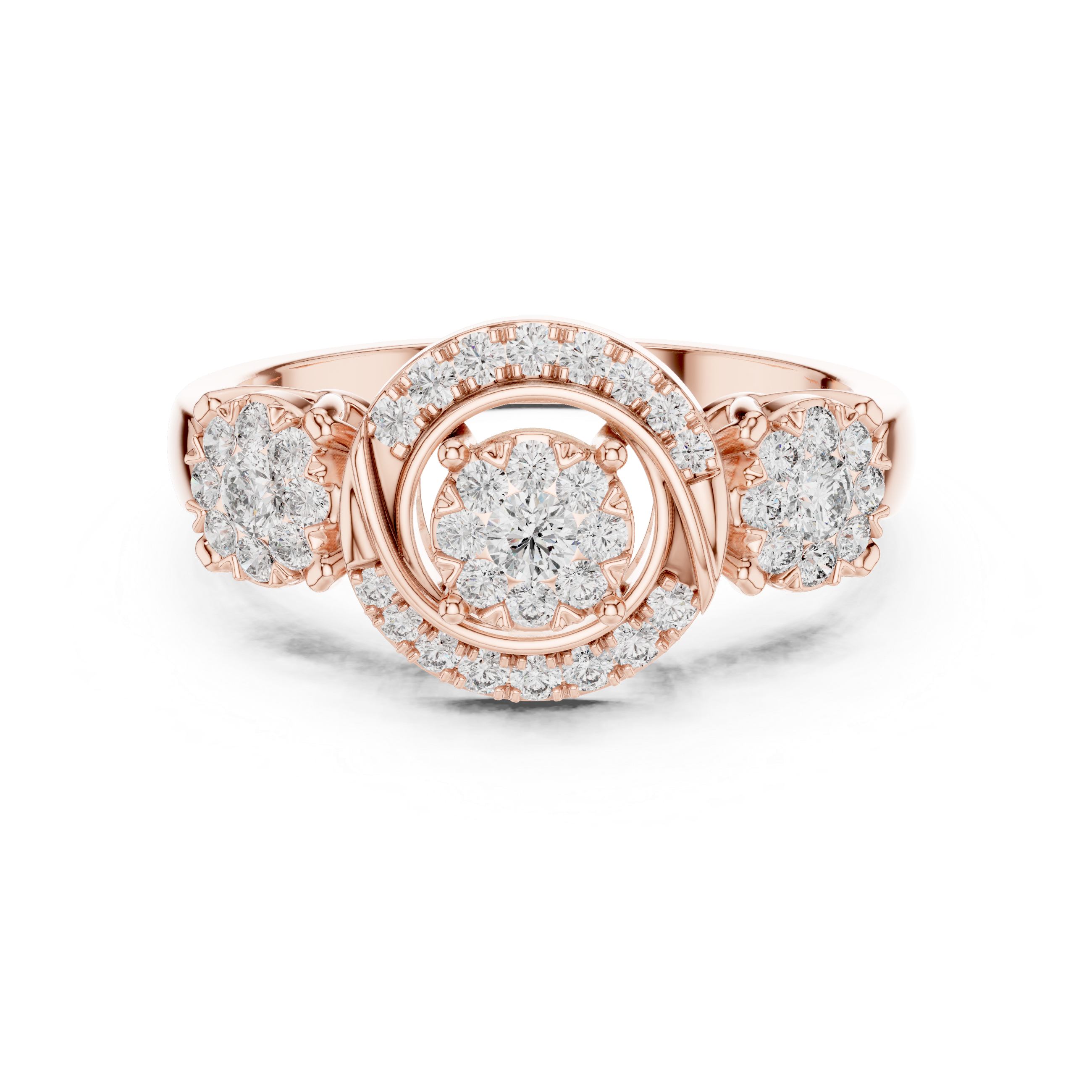 Three-Stone Halo Diamond Ring with Circular Infinity Motif