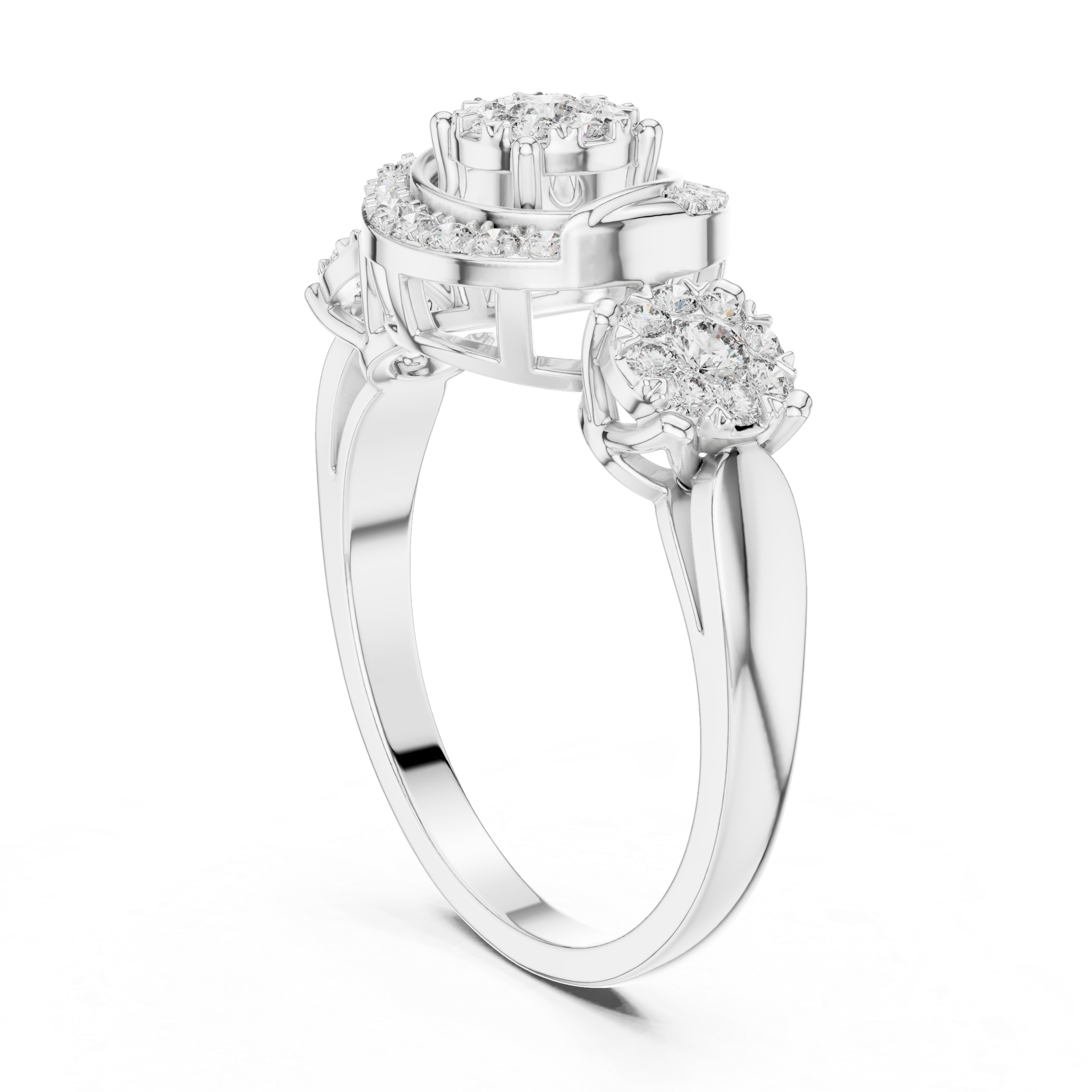 Three-Stone Halo Diamond Ring with Circular Infinity Motif