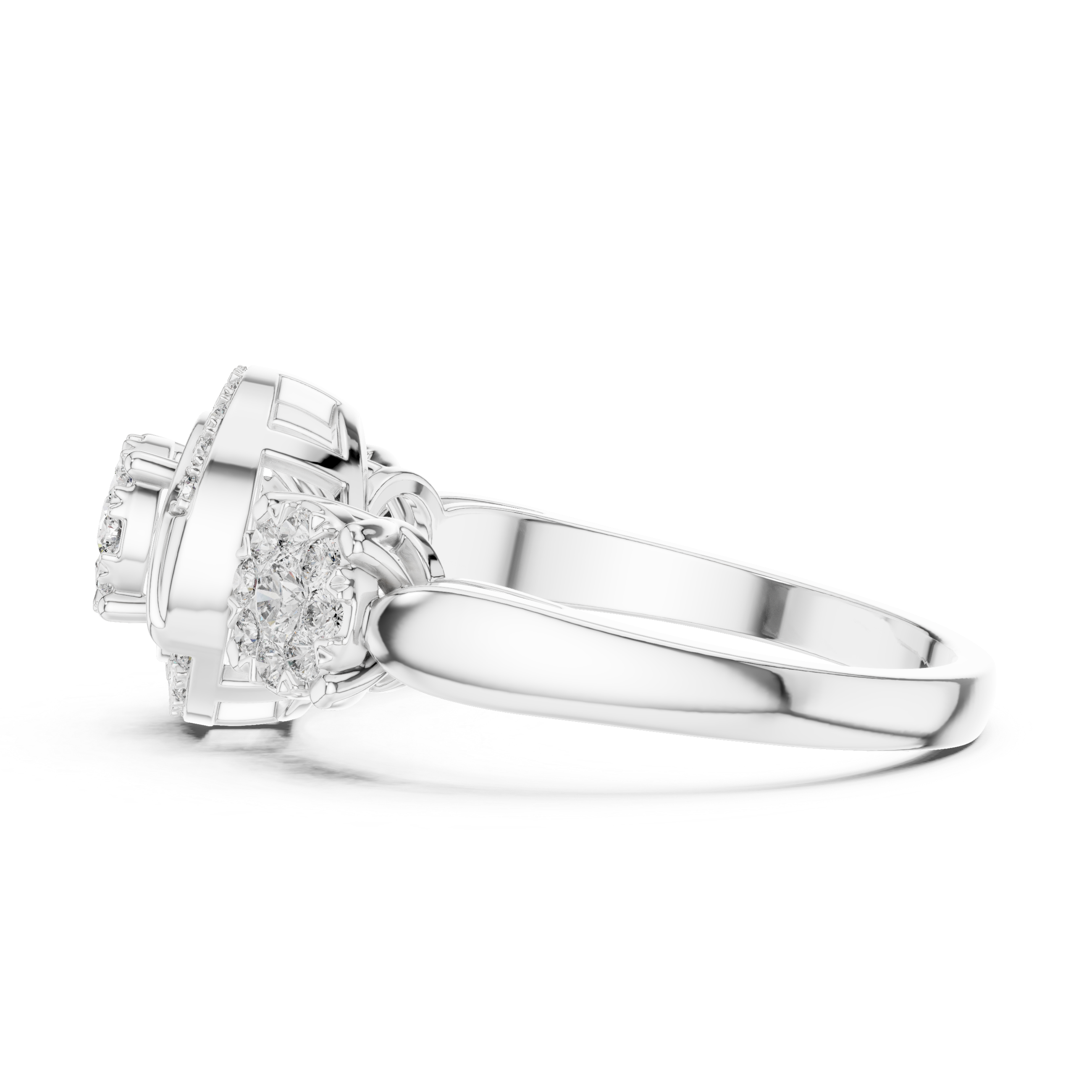 Three-Stone Halo Diamond Ring with Circular Infinity Motif