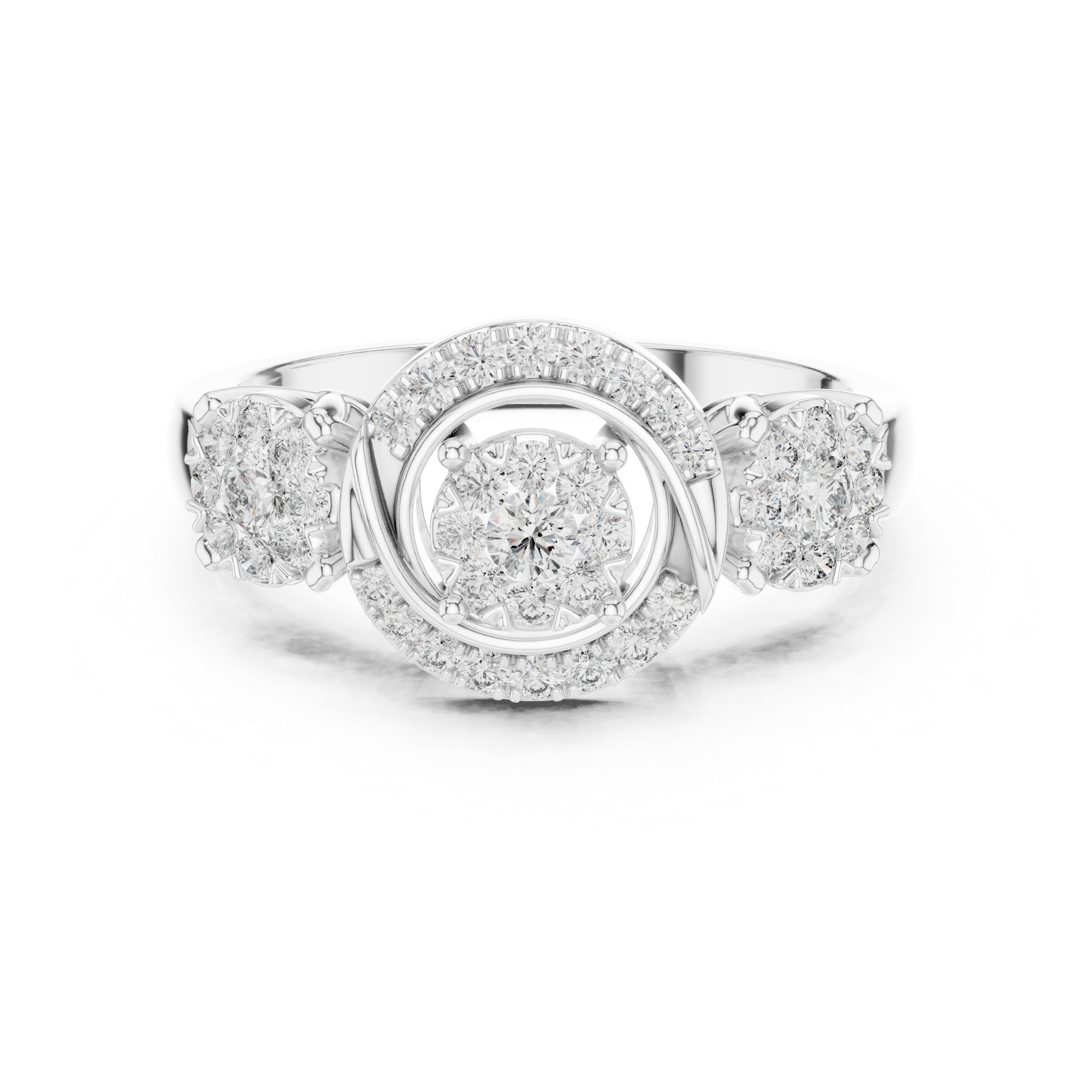 Three-Stone Halo Diamond Ring with Circular Infinity Motif