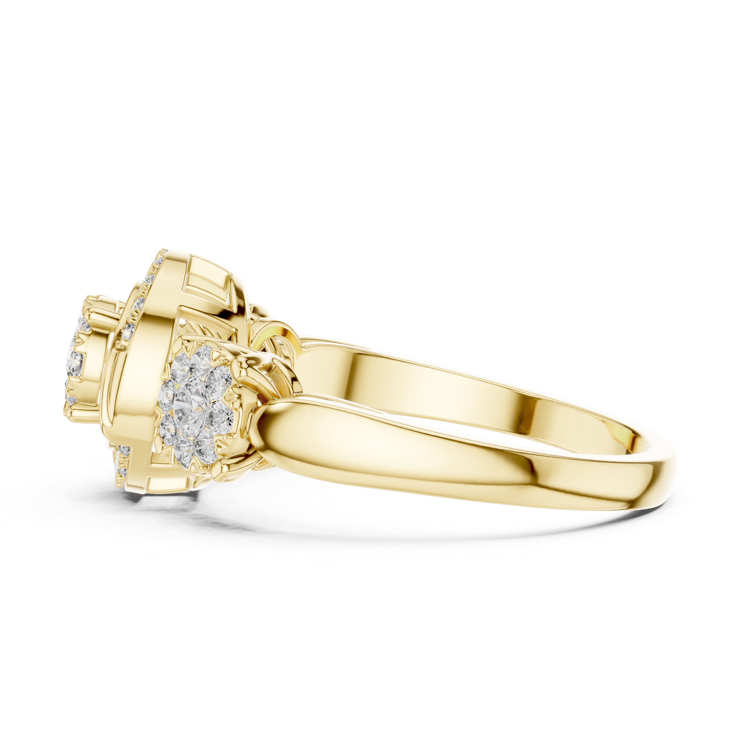 Three-Stone Halo Diamond Ring with Circular Infinity Motif