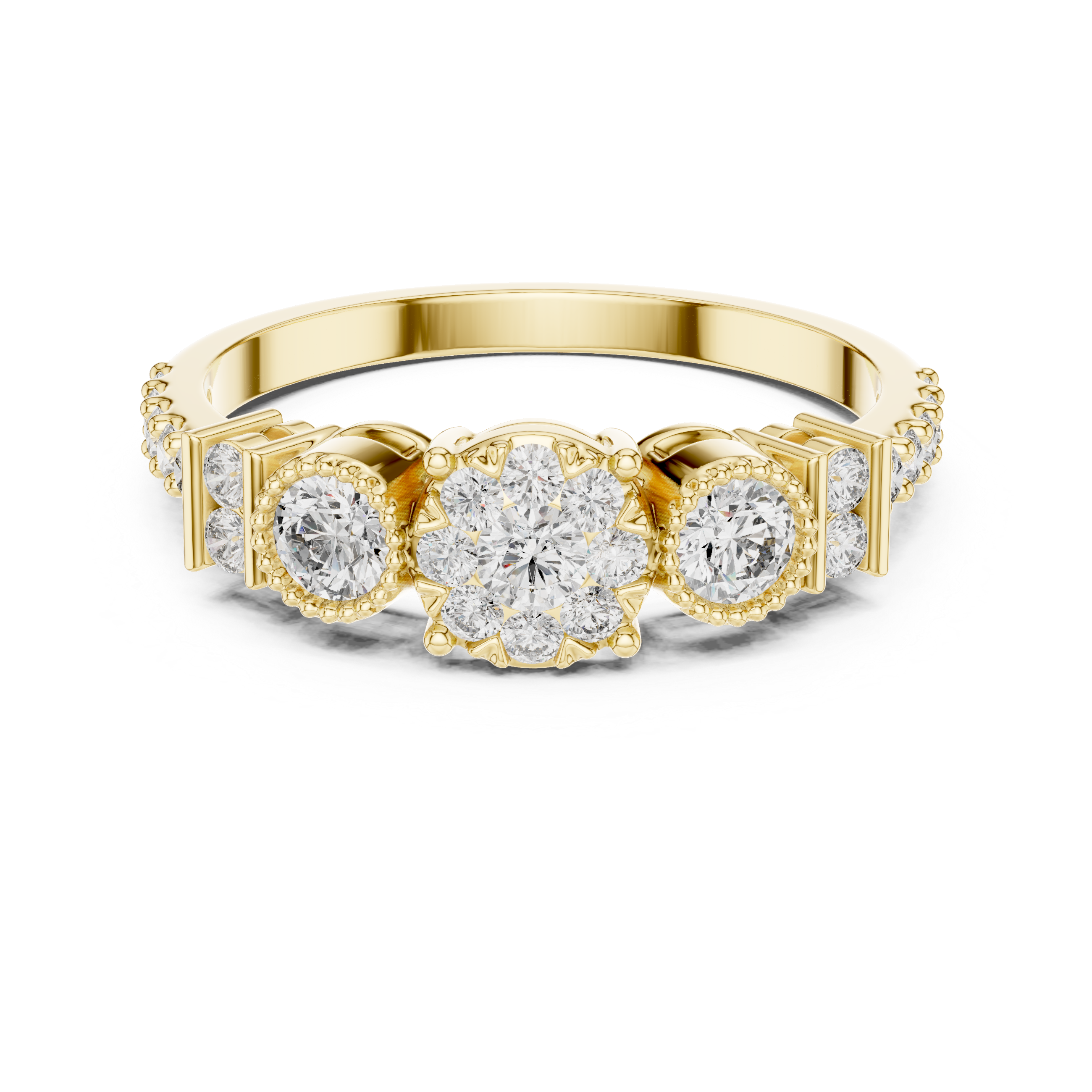 Three-Stone Floral Diamond Ring with Bezel Side Accents