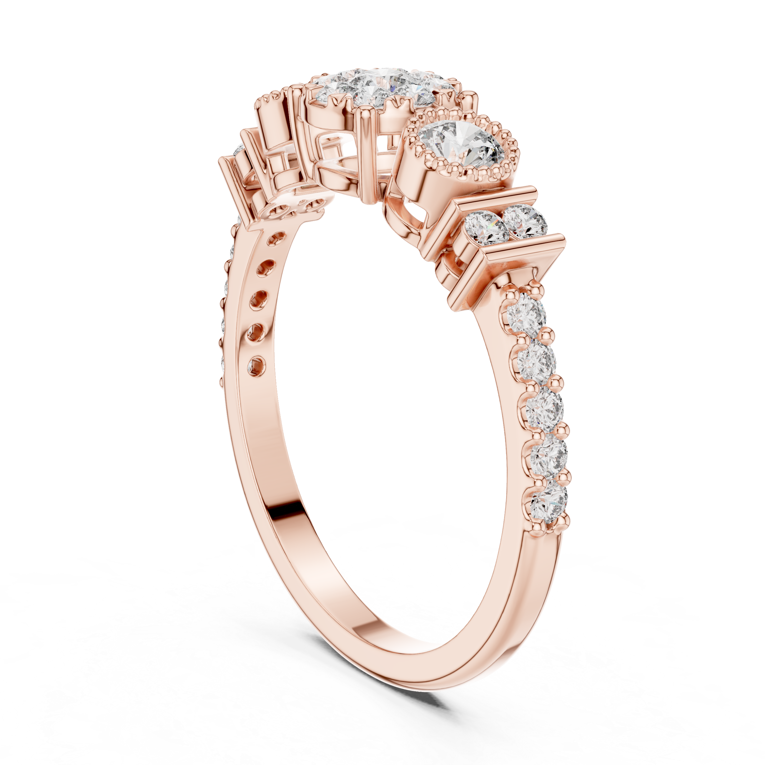 Three-Stone Floral Diamond Ring with Bezel Side Accents