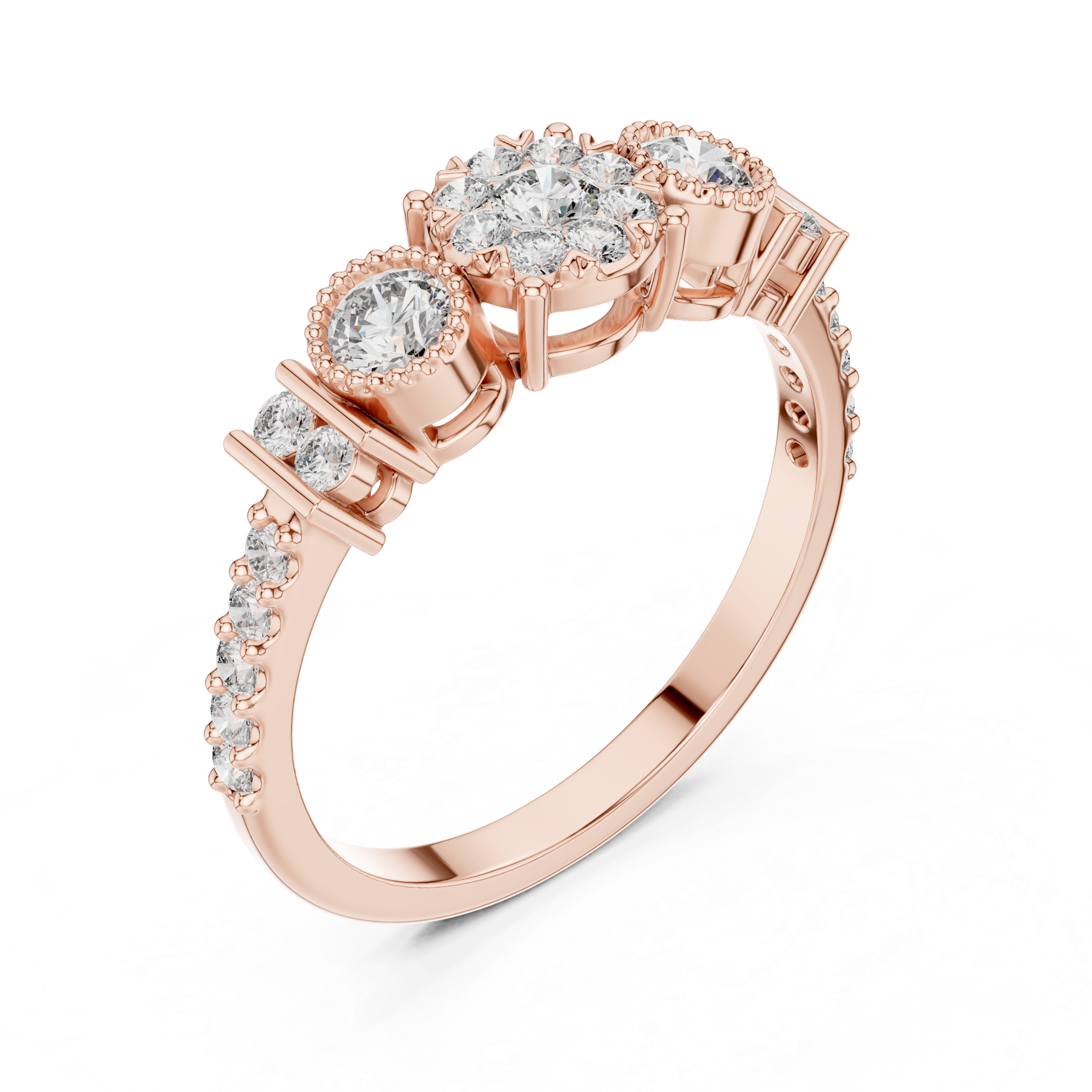 Three-Stone Floral Diamond Ring with Bezel Side Accents