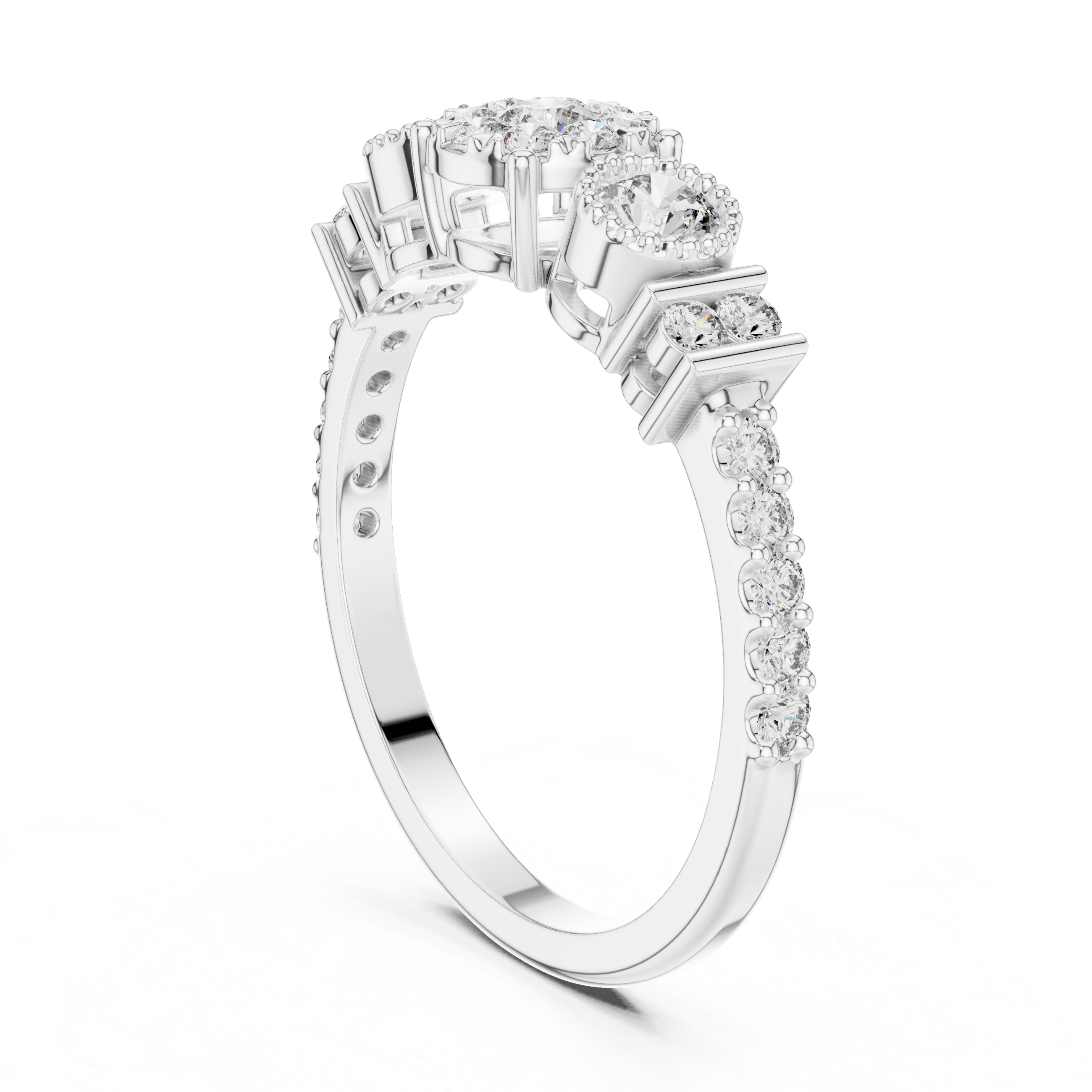 Three-Stone Floral Diamond Ring with Bezel Side Accents
