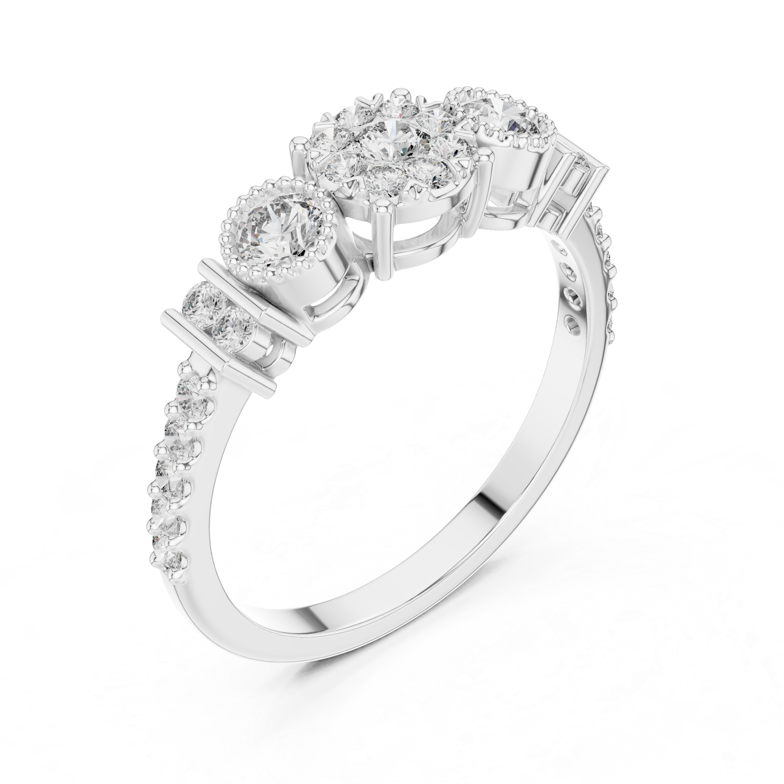 Three-Stone Floral Diamond Ring with Bezel Side Accents