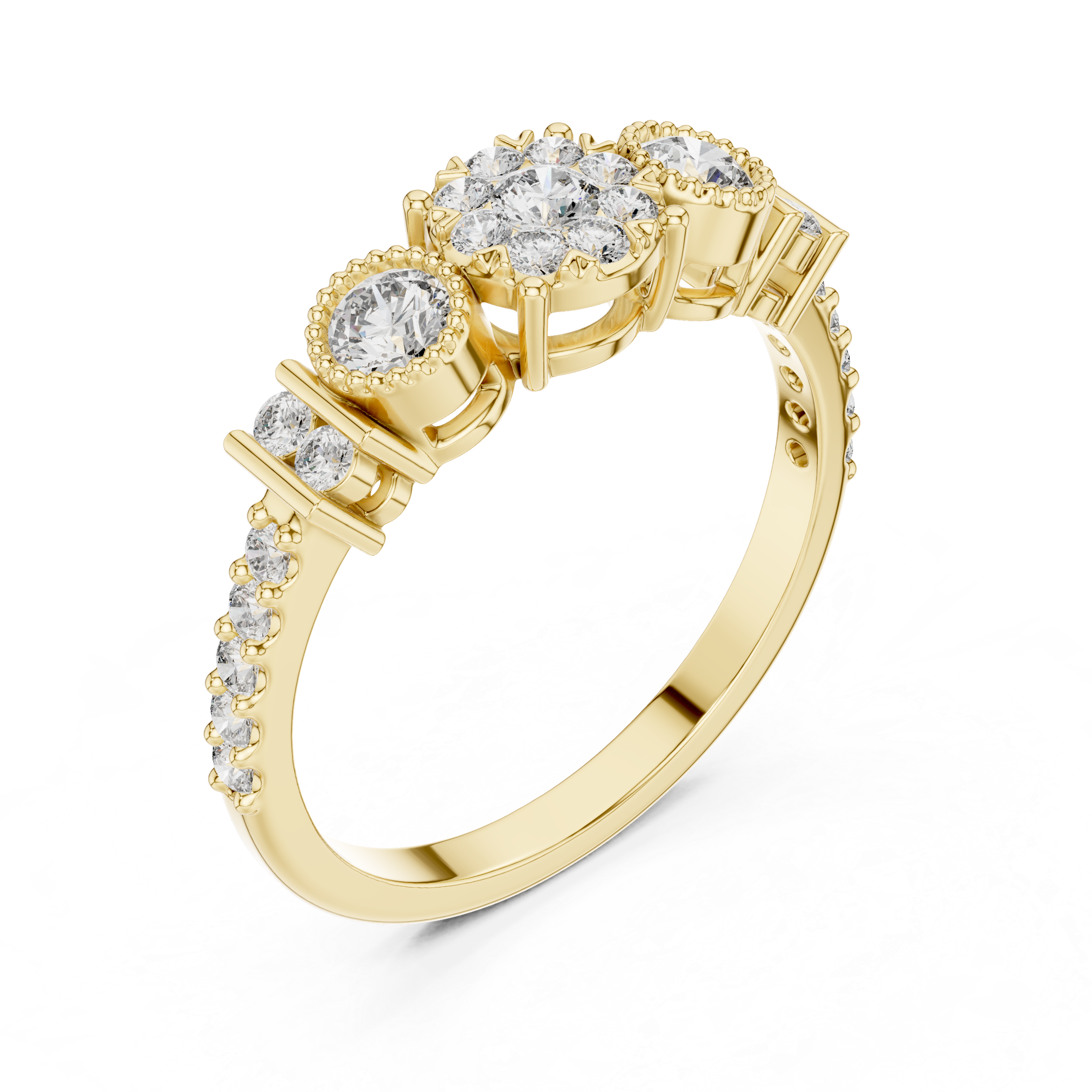 Three-Stone Floral Diamond Ring with Bezel Side Accents