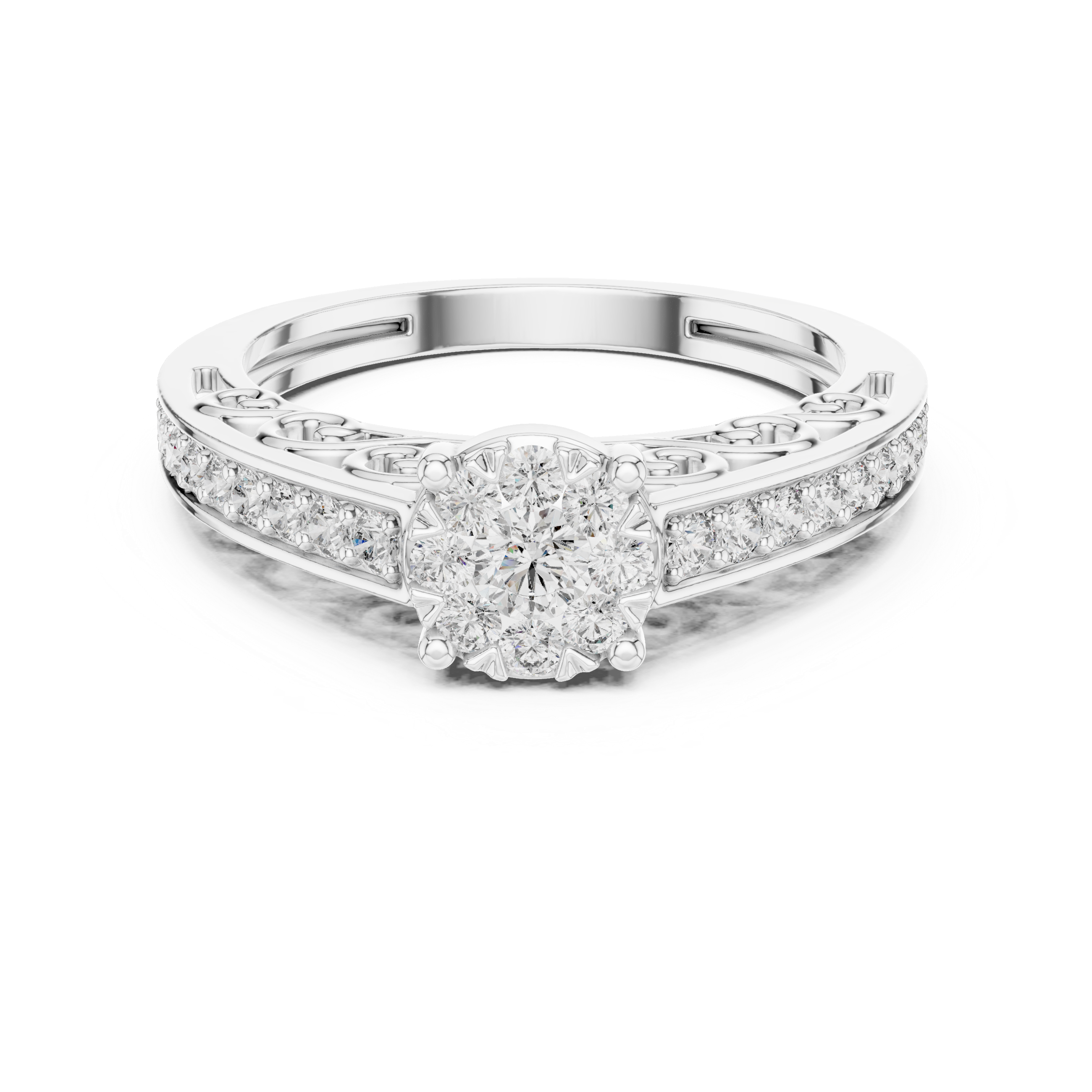 Double Halo Floral Diamond Ring with Twisted Pavé Band