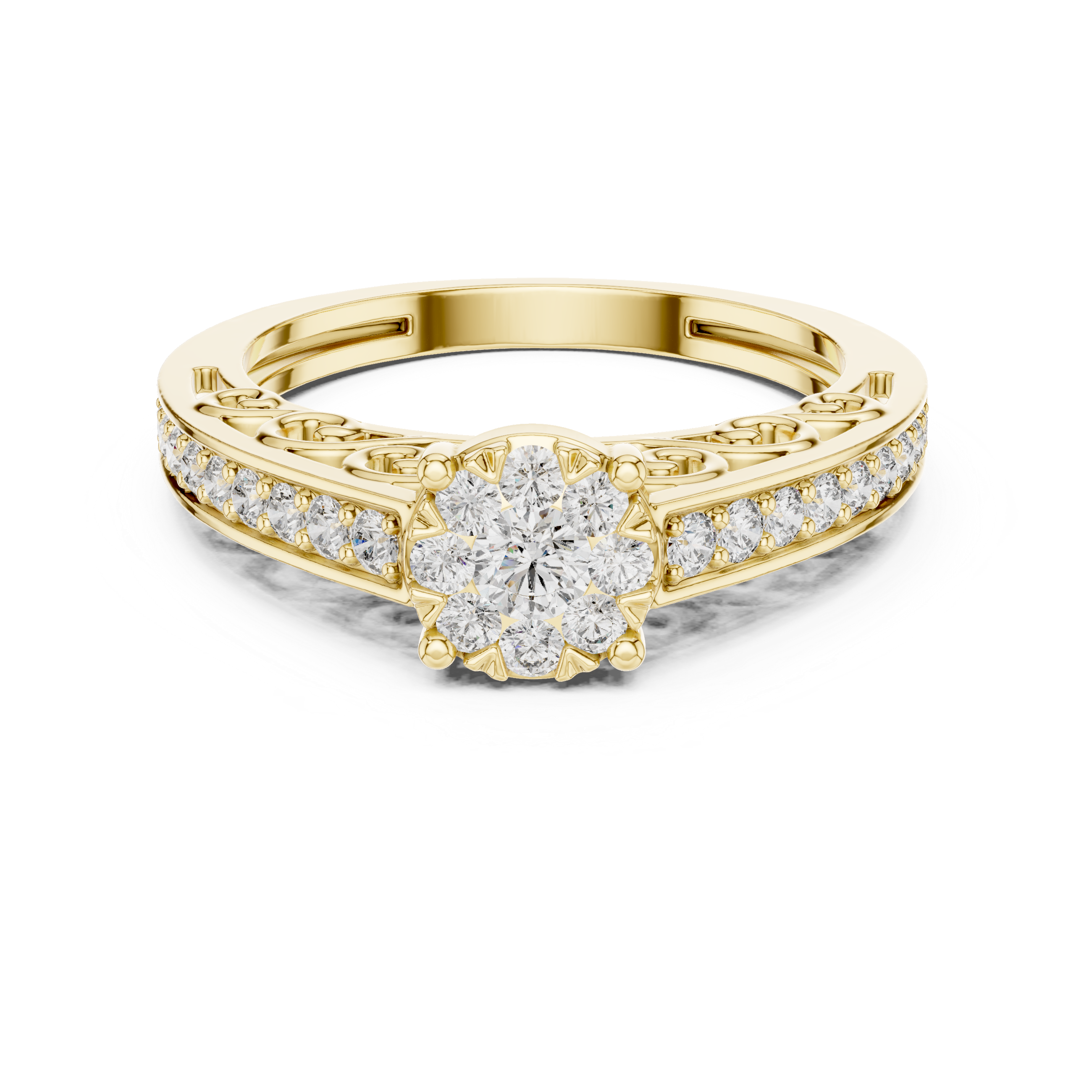 Double Halo Floral Diamond Ring with Twisted Pavé Band