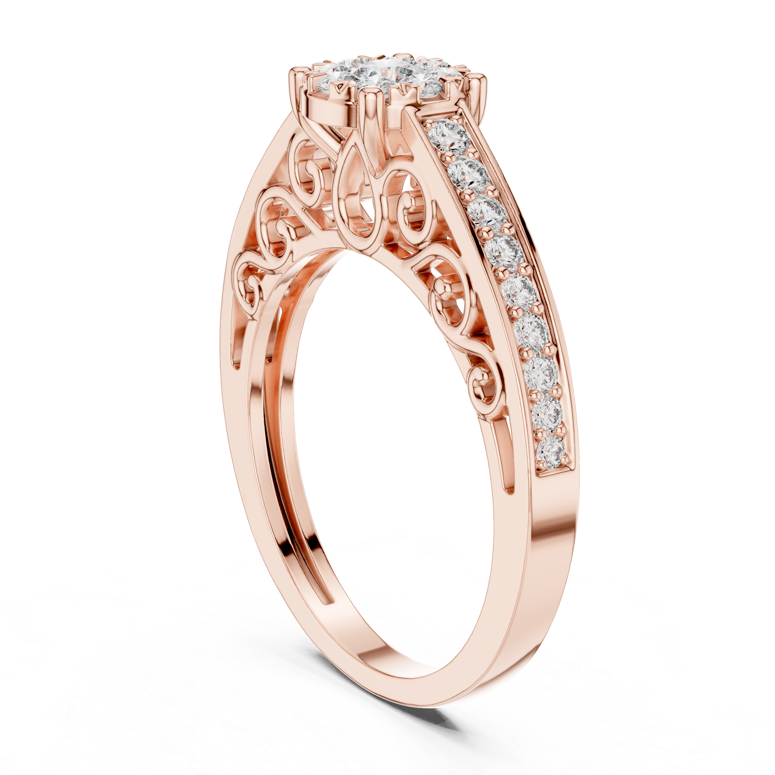 Double Halo Floral Diamond Ring with Twisted Pavé Band