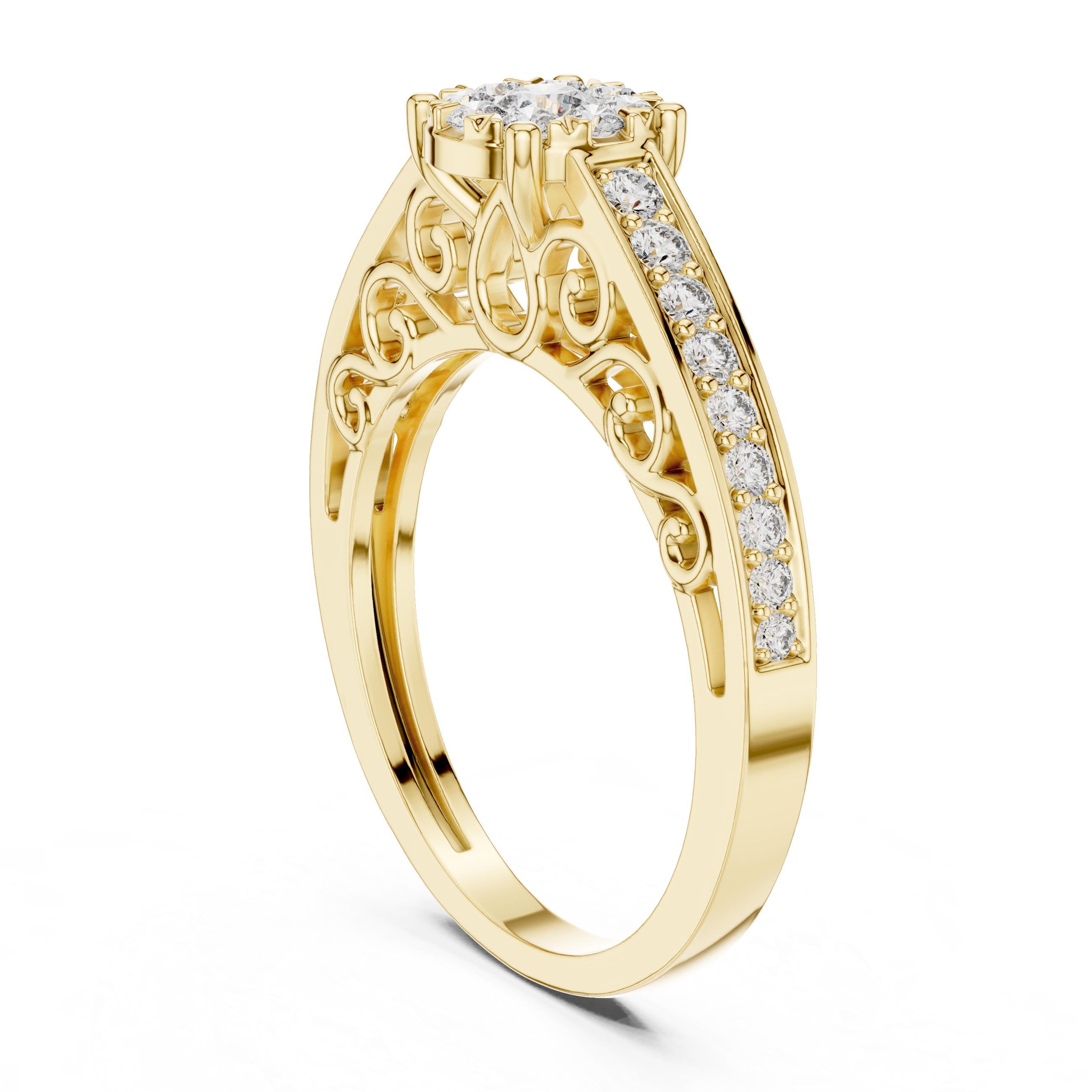 Double Halo Floral Diamond Ring with Twisted Pavé Band
