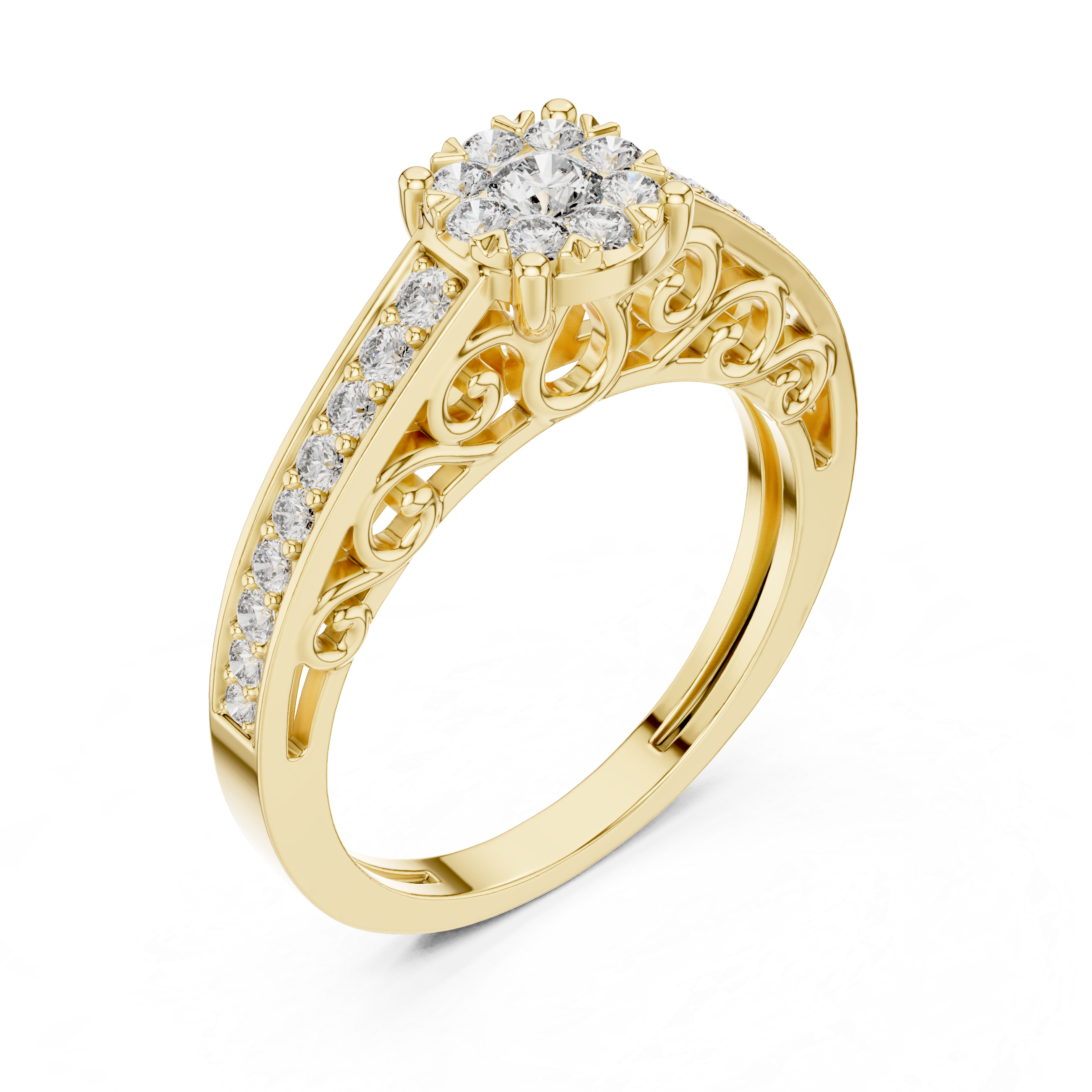 Double Halo Floral Diamond Ring with Twisted Pavé Band