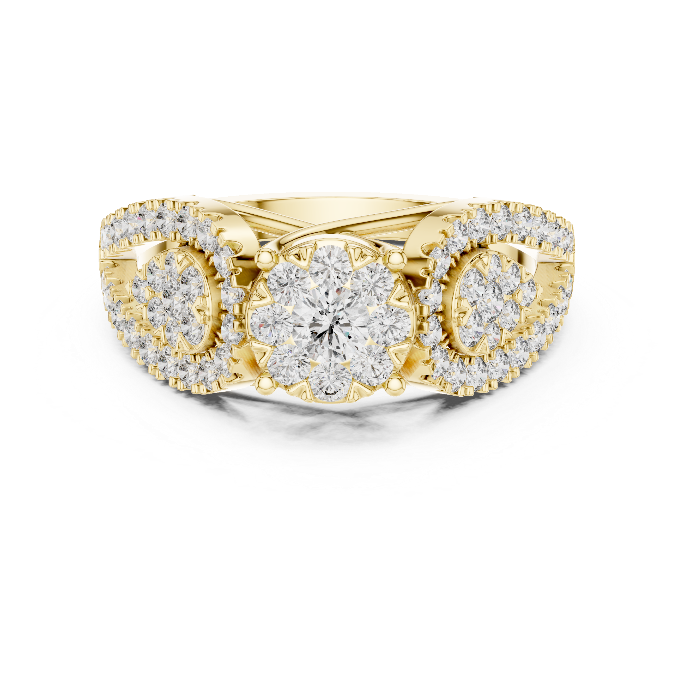 Triple Cluster Diamond Ring – Floral Halo with Split Shank