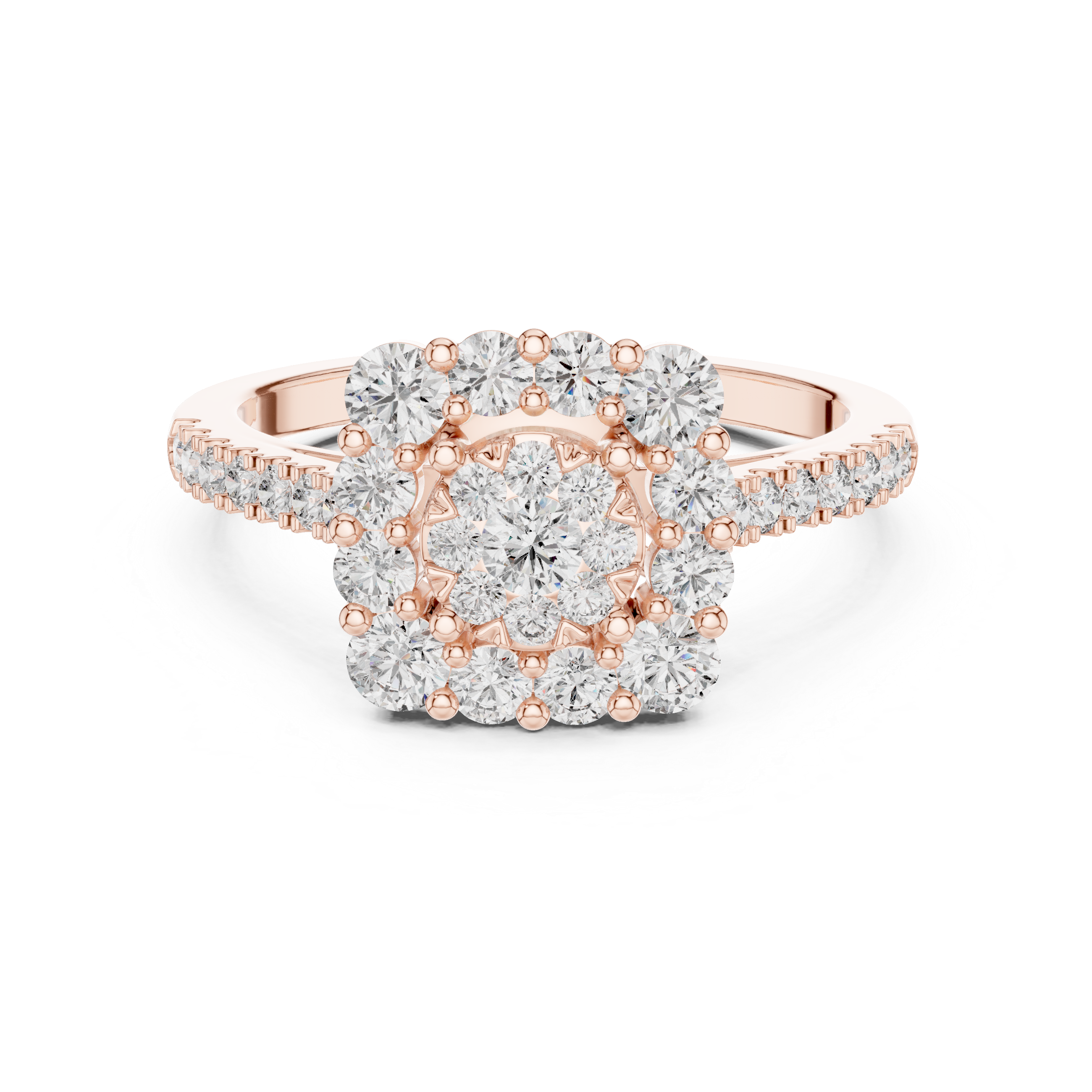 Round Cluster Diamond Ring – Double Halo Floral Design