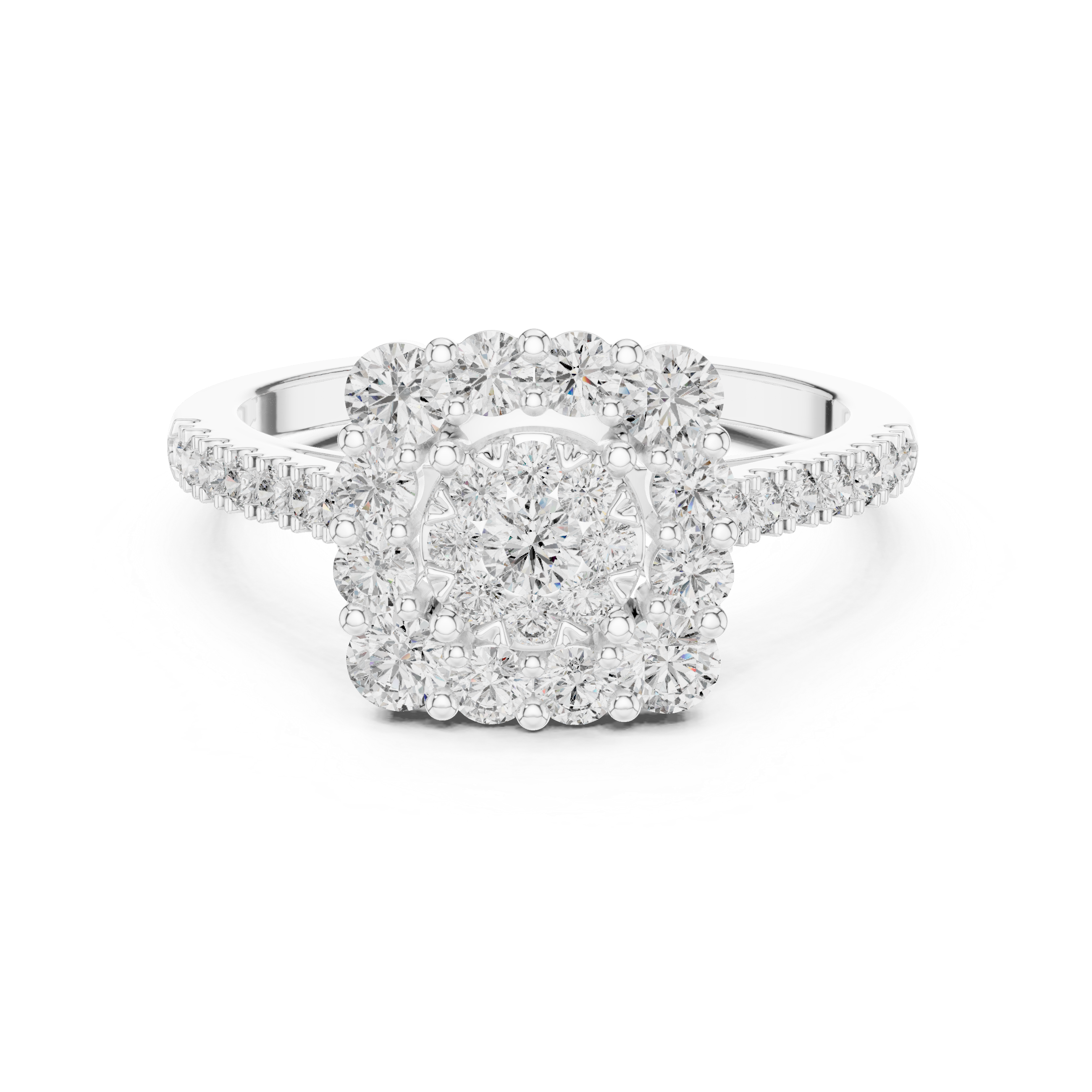 Round Cluster Diamond Ring – Double Halo Floral Design