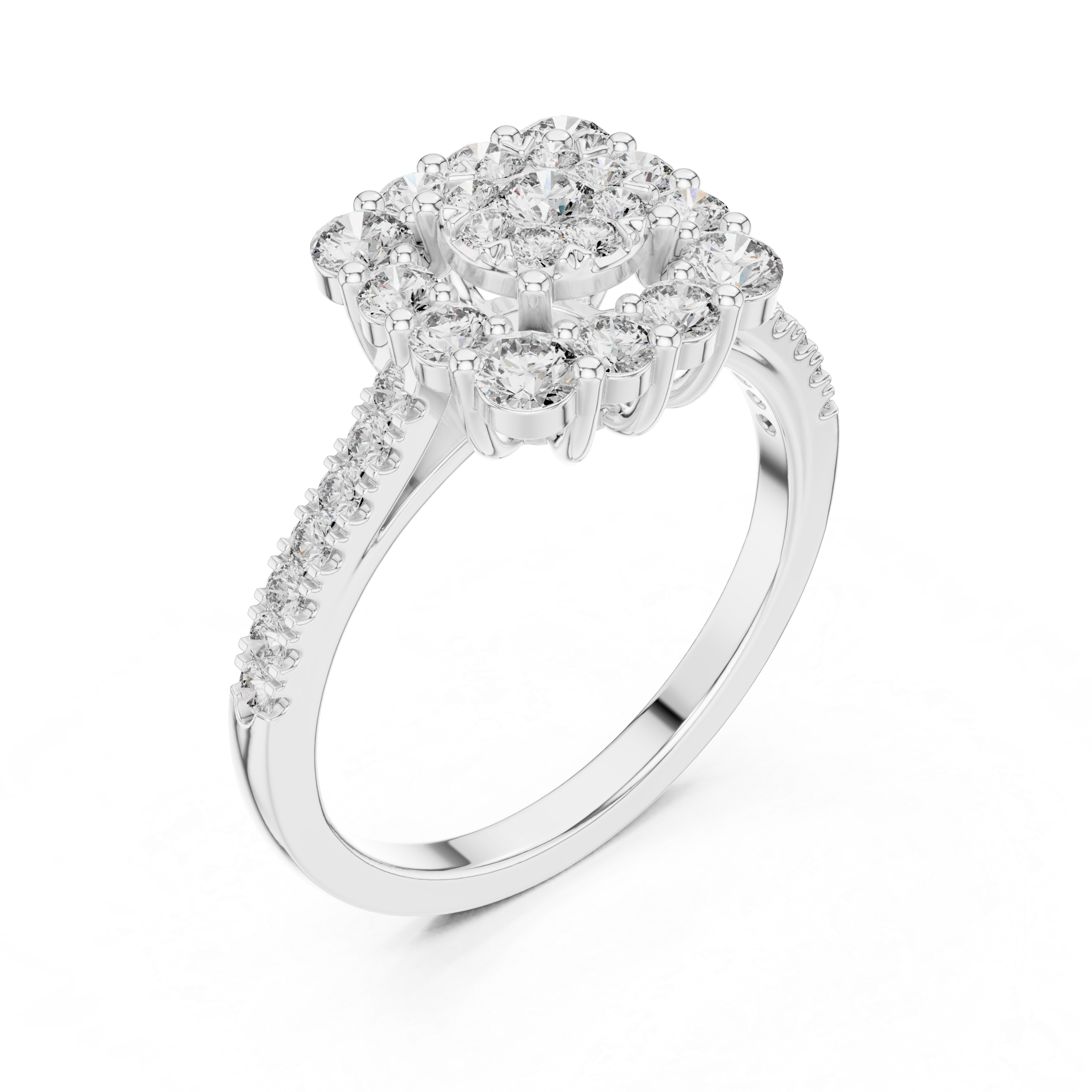 Round Cluster Diamond Ring – Double Halo Floral Design