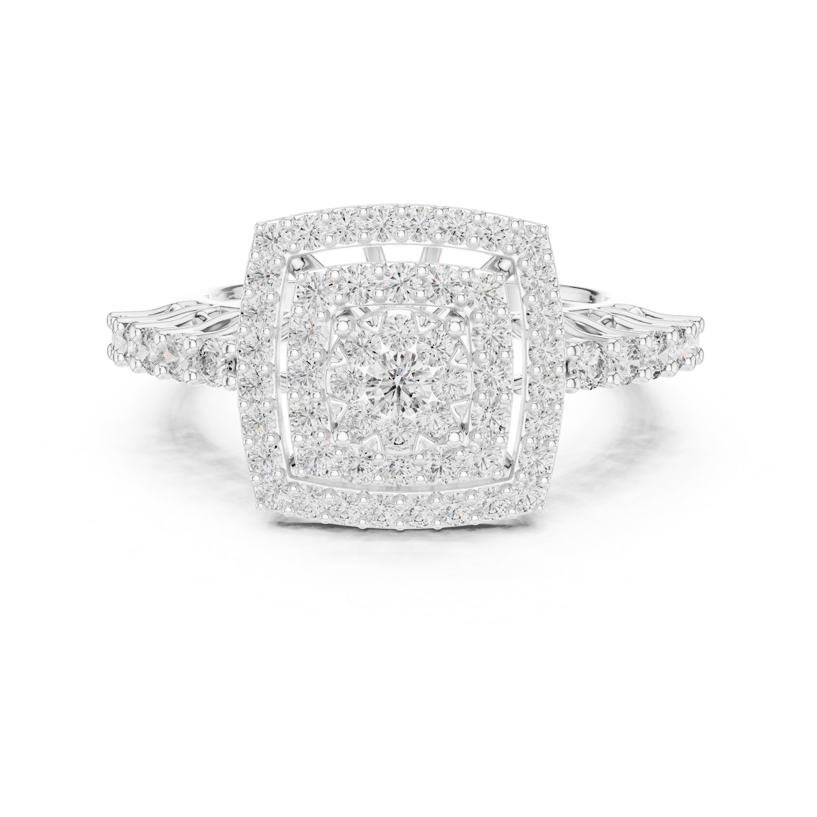 Double Halo Diamond Cluster Engagement Ring – Square Cushion Inspired Gold Bridal Ring