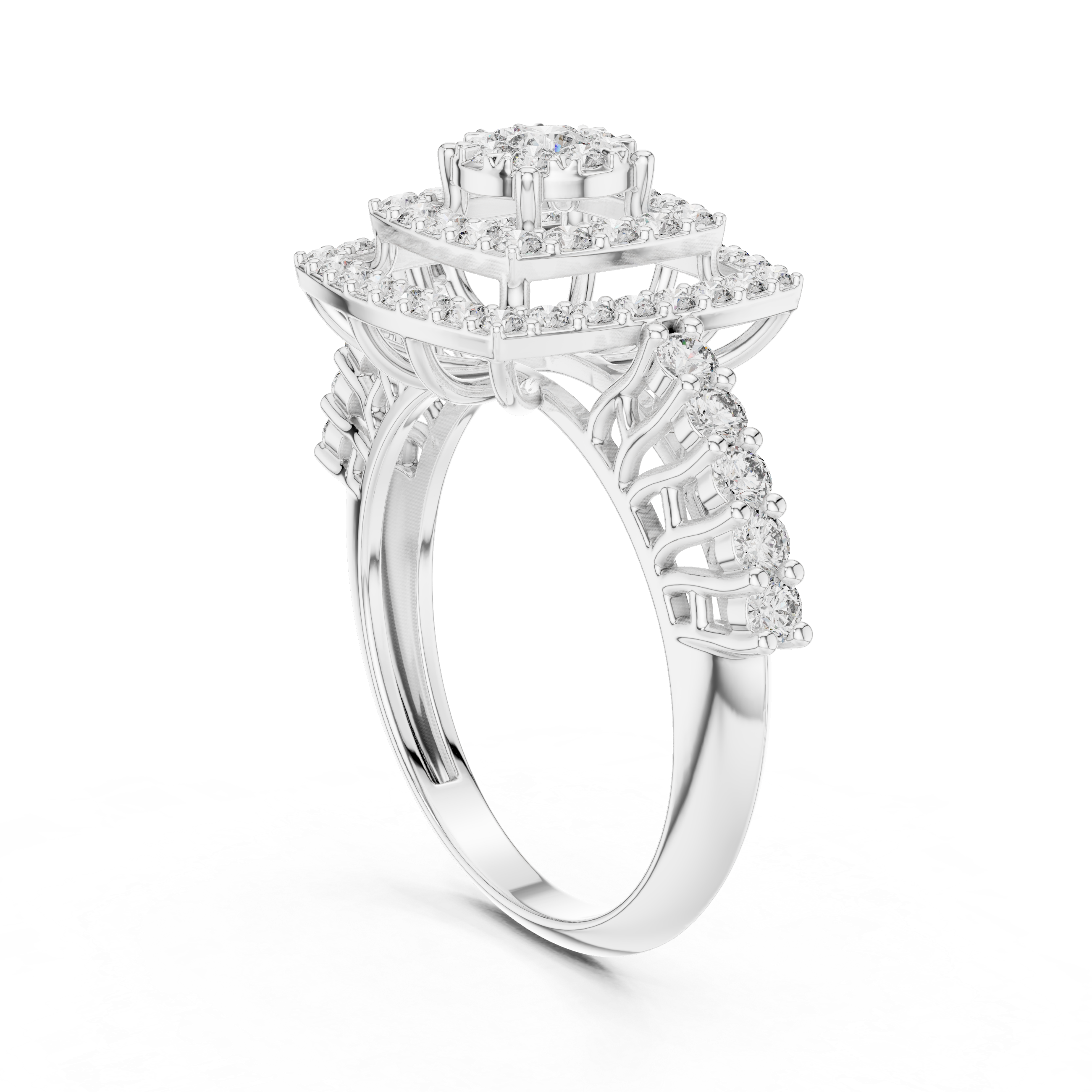 Double Halo Diamond Cluster Engagement Ring – Square Cushion Inspired Gold Bridal Ring