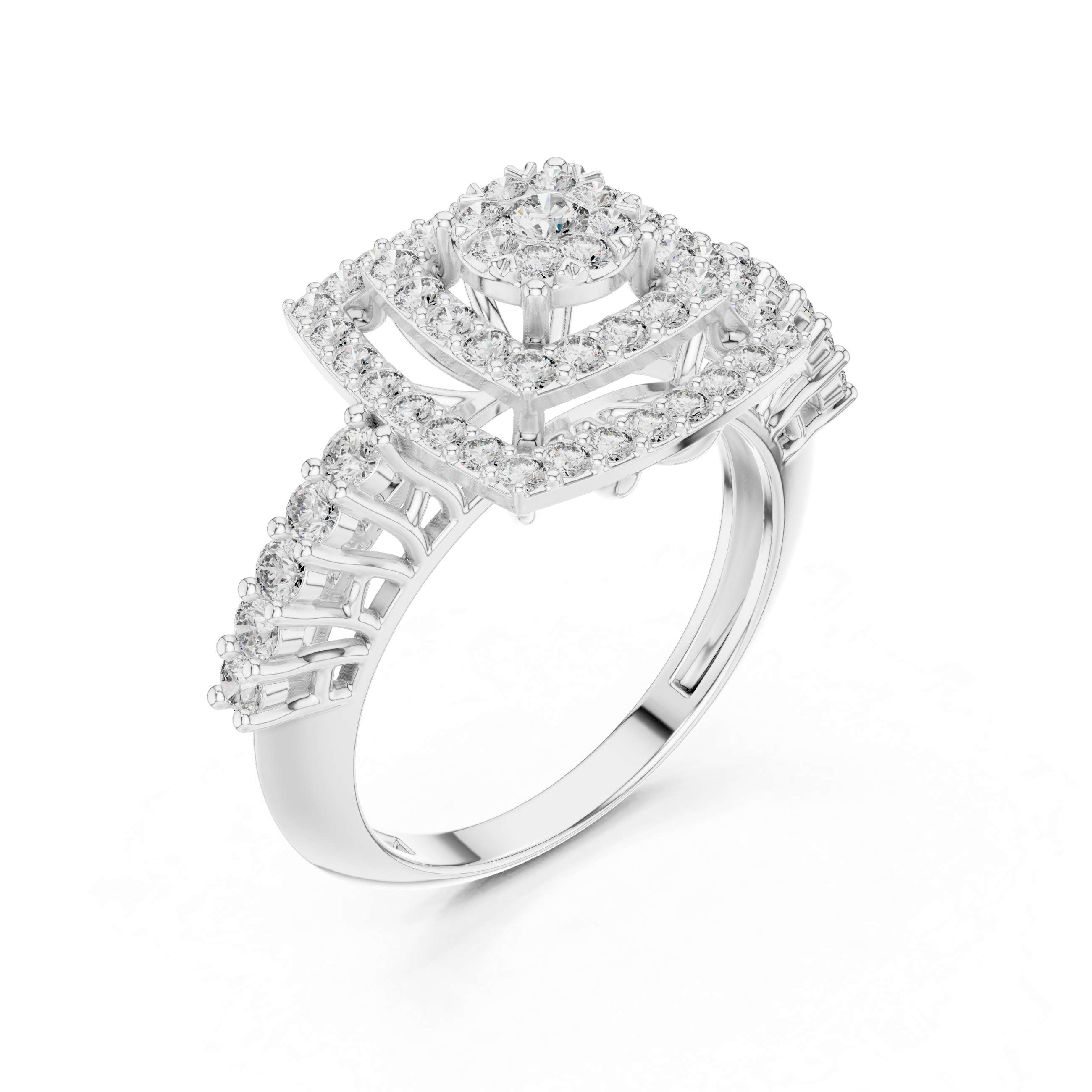 Double Halo Diamond Cluster Engagement Ring – Square Cushion Inspired Gold Bridal Ring