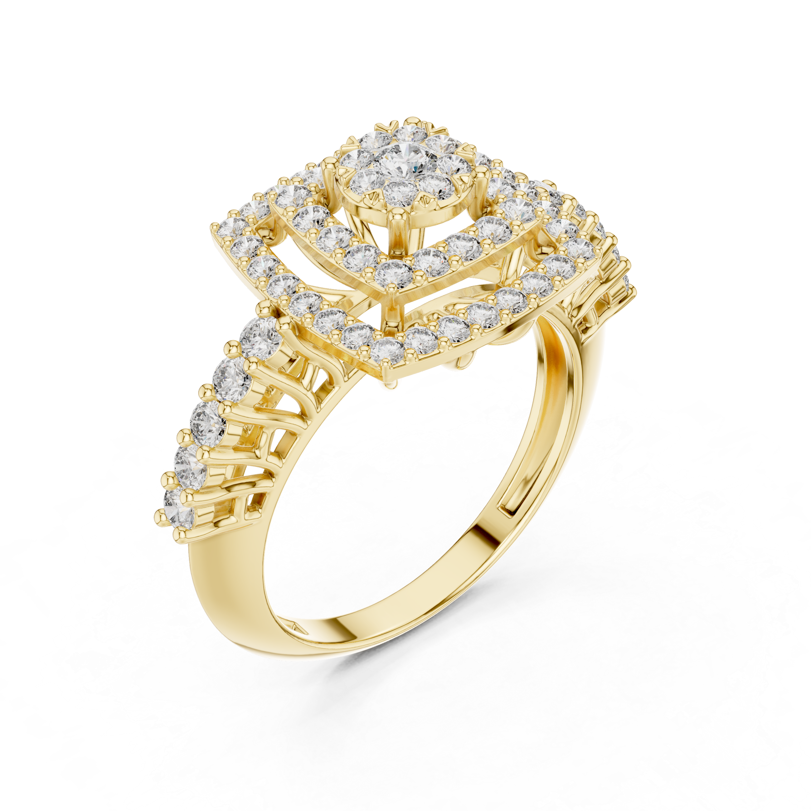 Double Halo Diamond Cluster Engagement Ring – Square Cushion Inspired Gold Bridal Ring