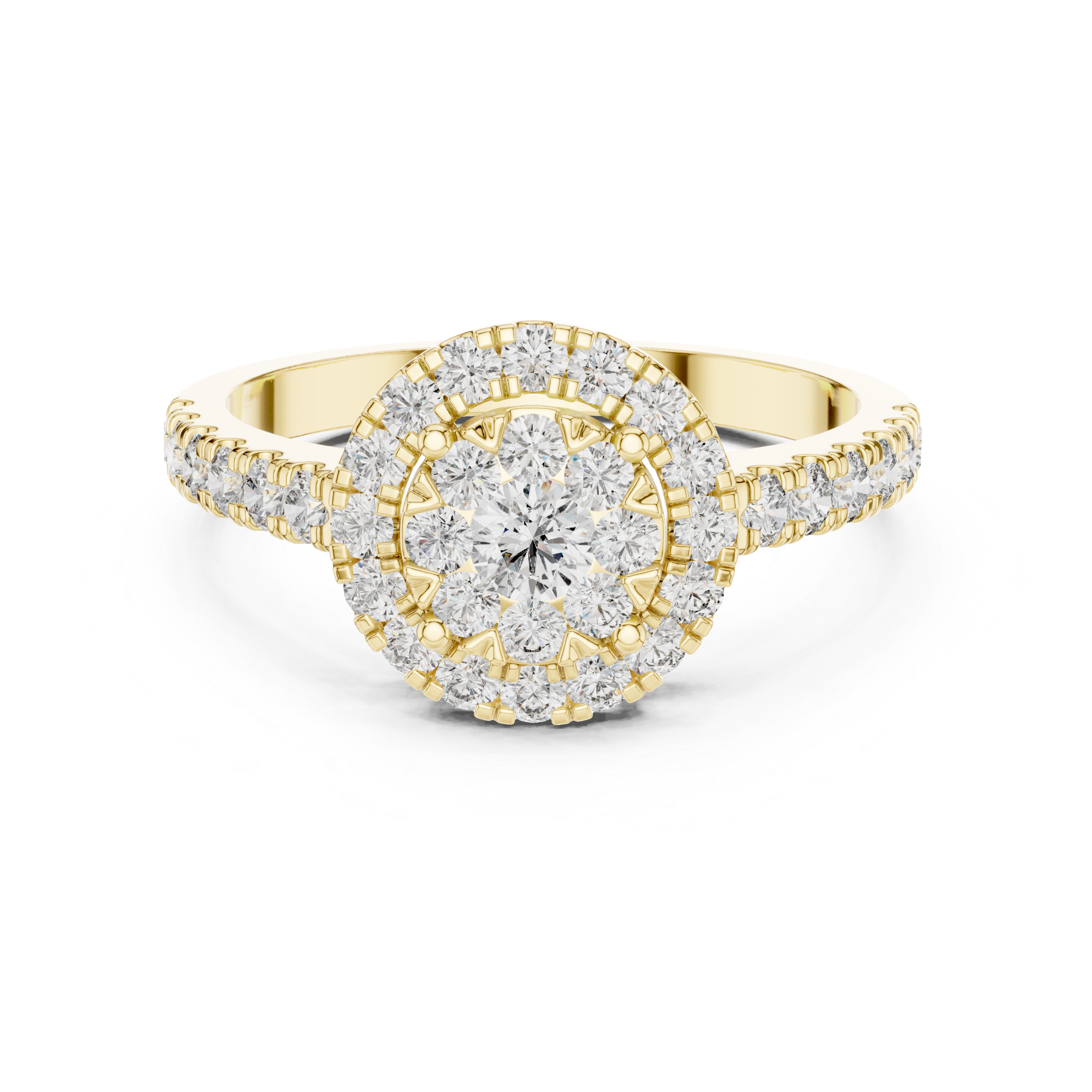 Round Halo Diamond Engagement Ring – Classic Cluster Bridal Ring in Yellow Gold