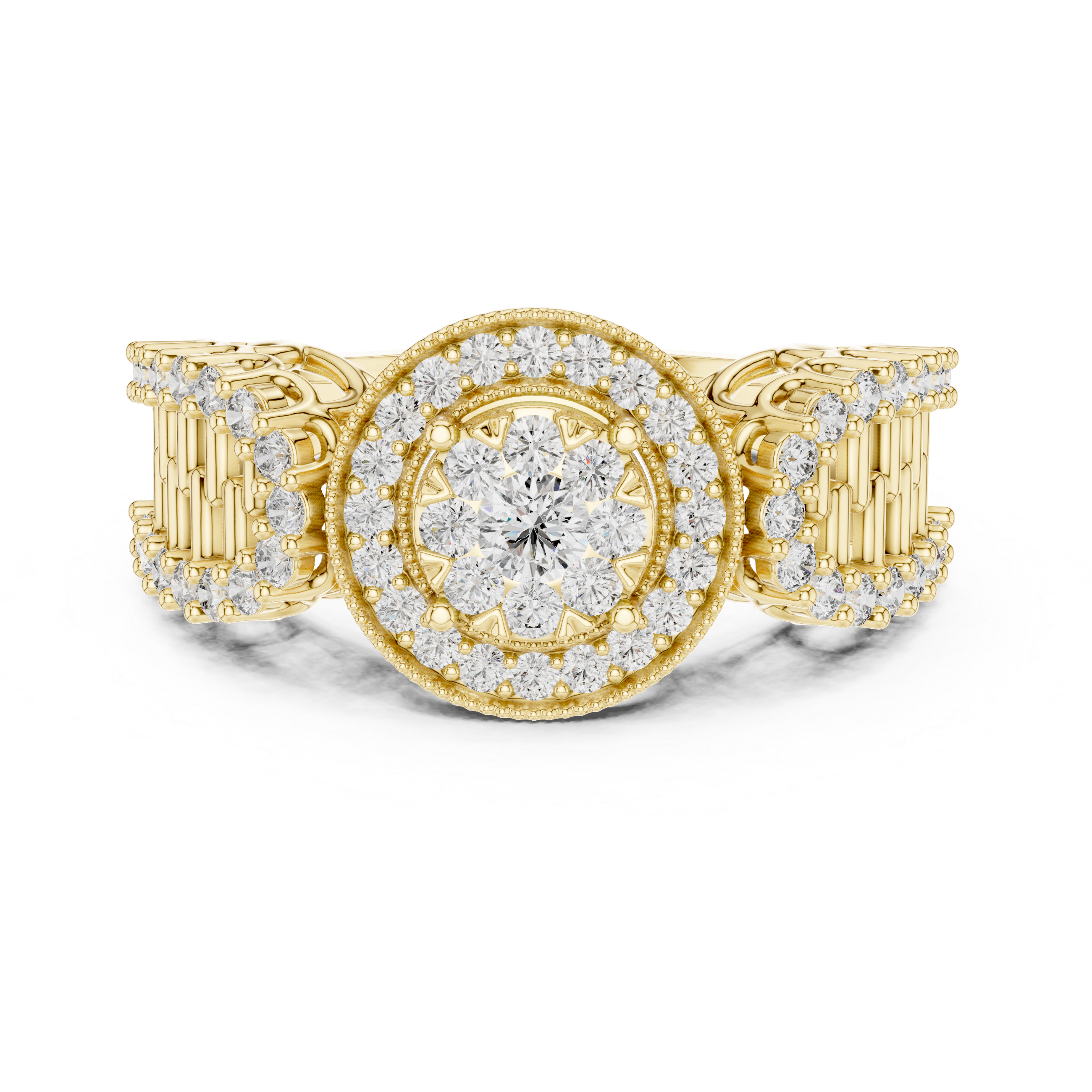 Vintage Halo Diamond Engagement Ring – Round Cluster Bridal Ring with Open Gallery Band