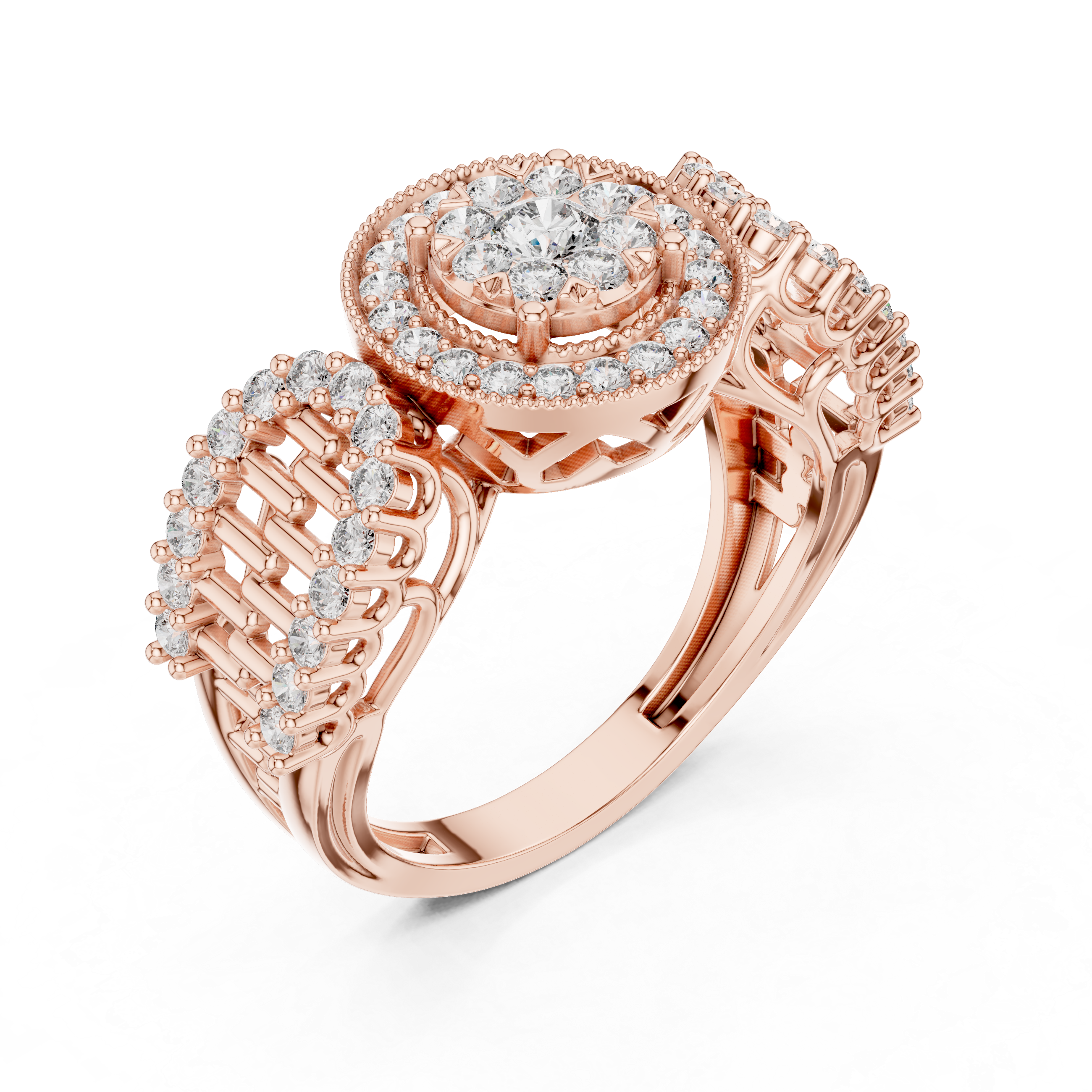 Vintage Halo Diamond Engagement Ring – Round Cluster Bridal Ring with Open Gallery Band