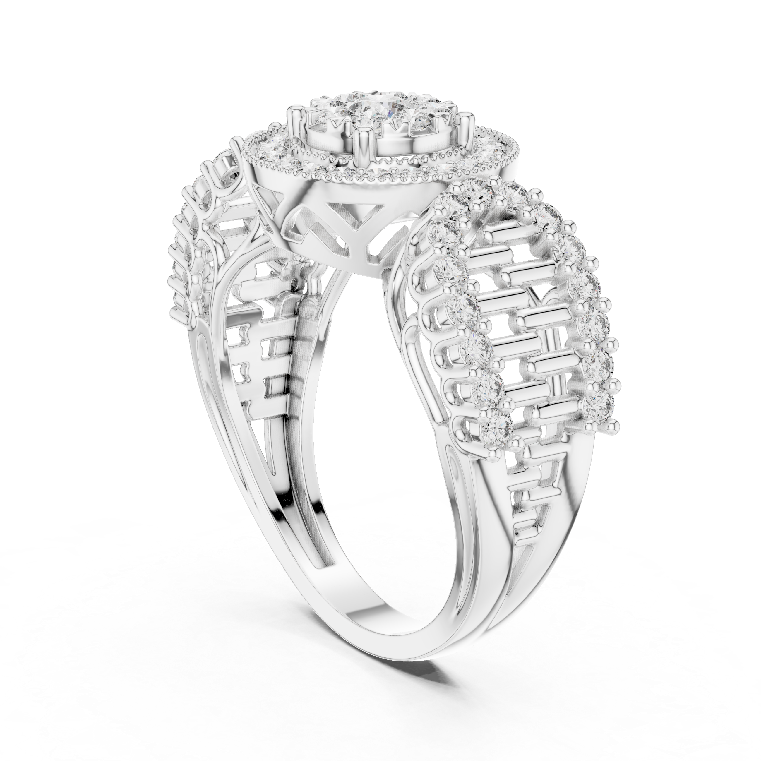 Vintage Halo Diamond Engagement Ring – Round Cluster Bridal Ring with Open Gallery Band