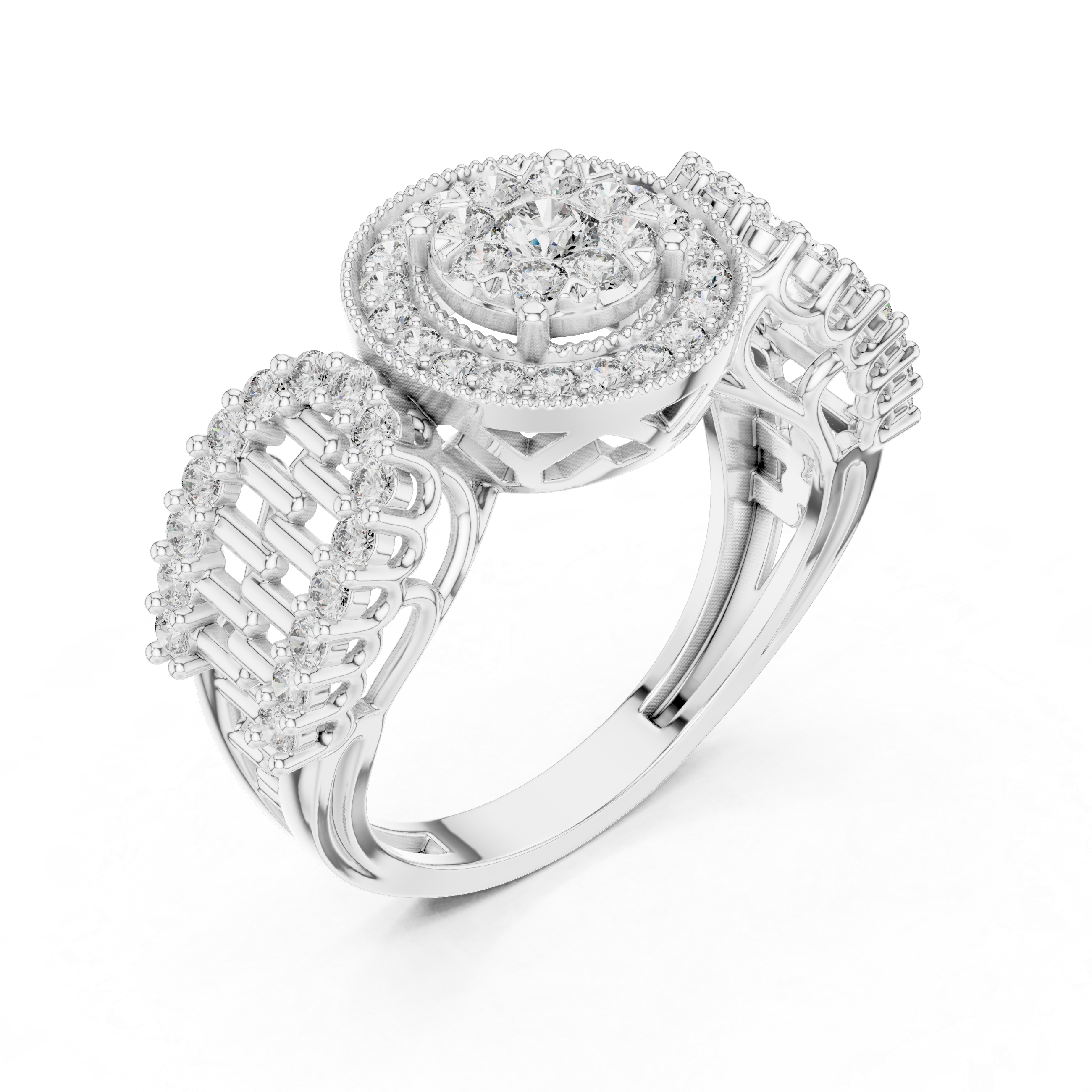 Vintage Halo Diamond Engagement Ring – Round Cluster Bridal Ring with Open Gallery Band
