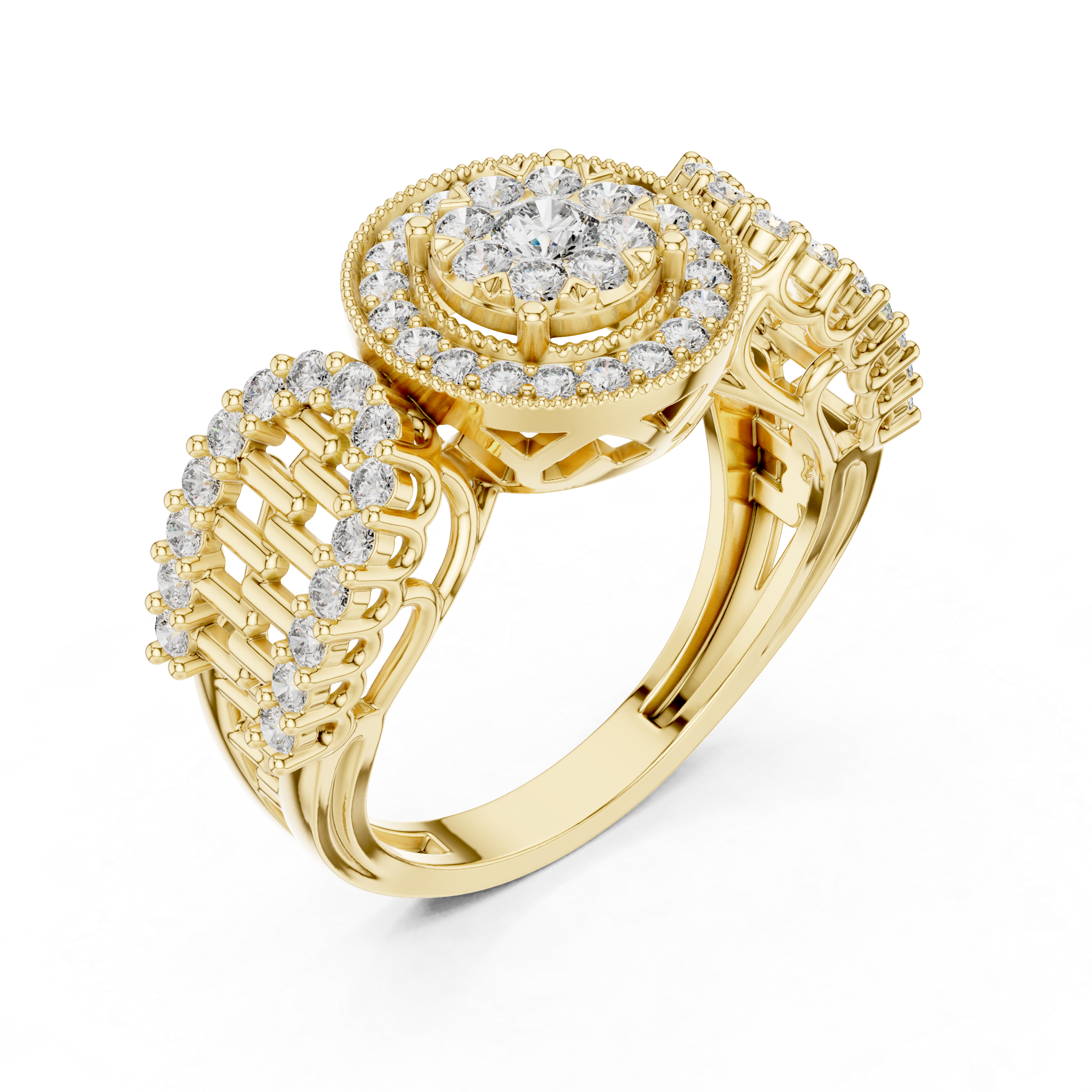Vintage Halo Diamond Engagement Ring – Round Cluster Bridal Ring with Open Gallery Band