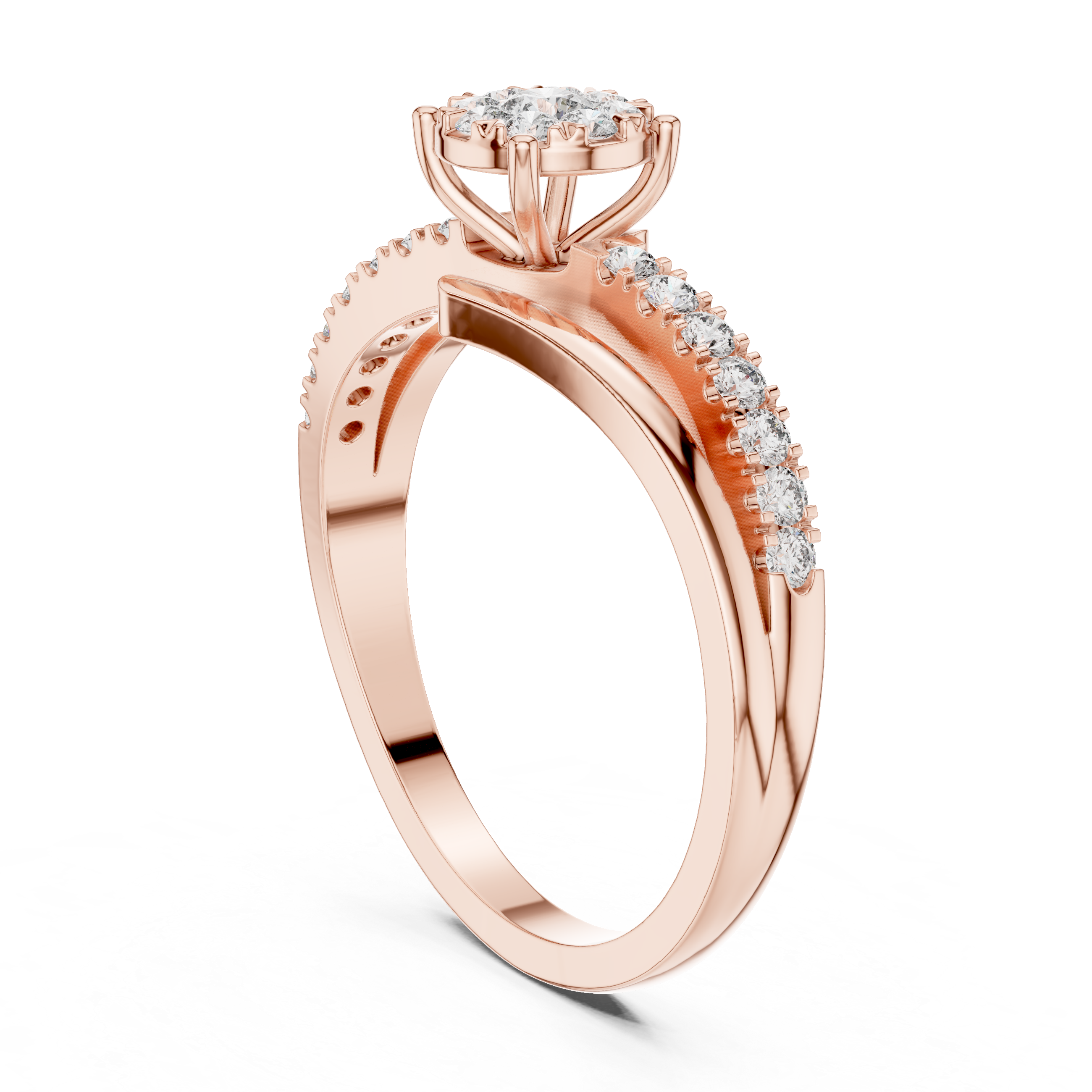 Twisted Bypass Diamond Engagement Ring – Modern Pavé Split Shank Bridal Ring in Yellow Gold